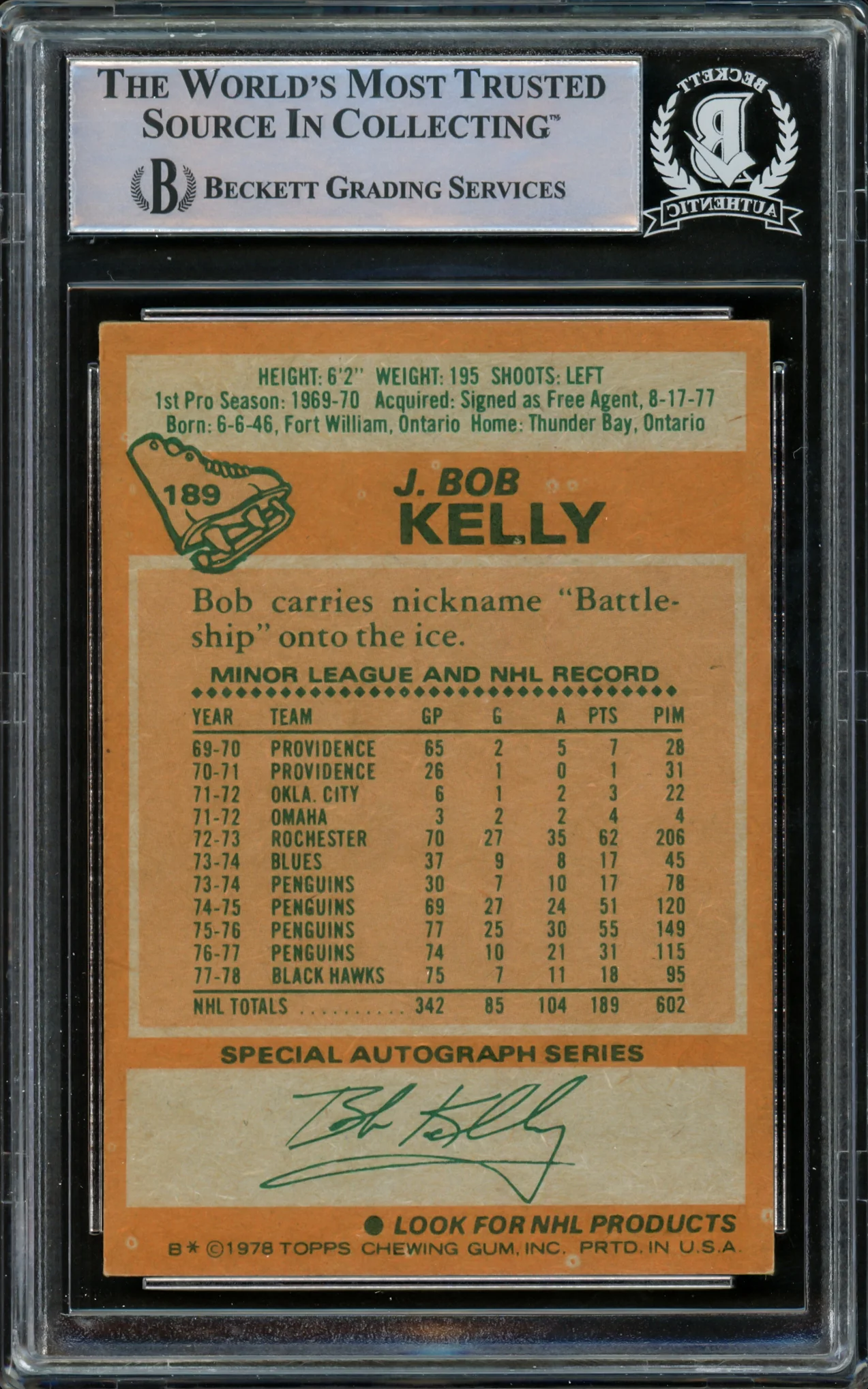 J. Bob Kelly Autographed 1978-79 Topps Card #189 Chicago Blackhawks Beckett BAS #15780979 - Image 2