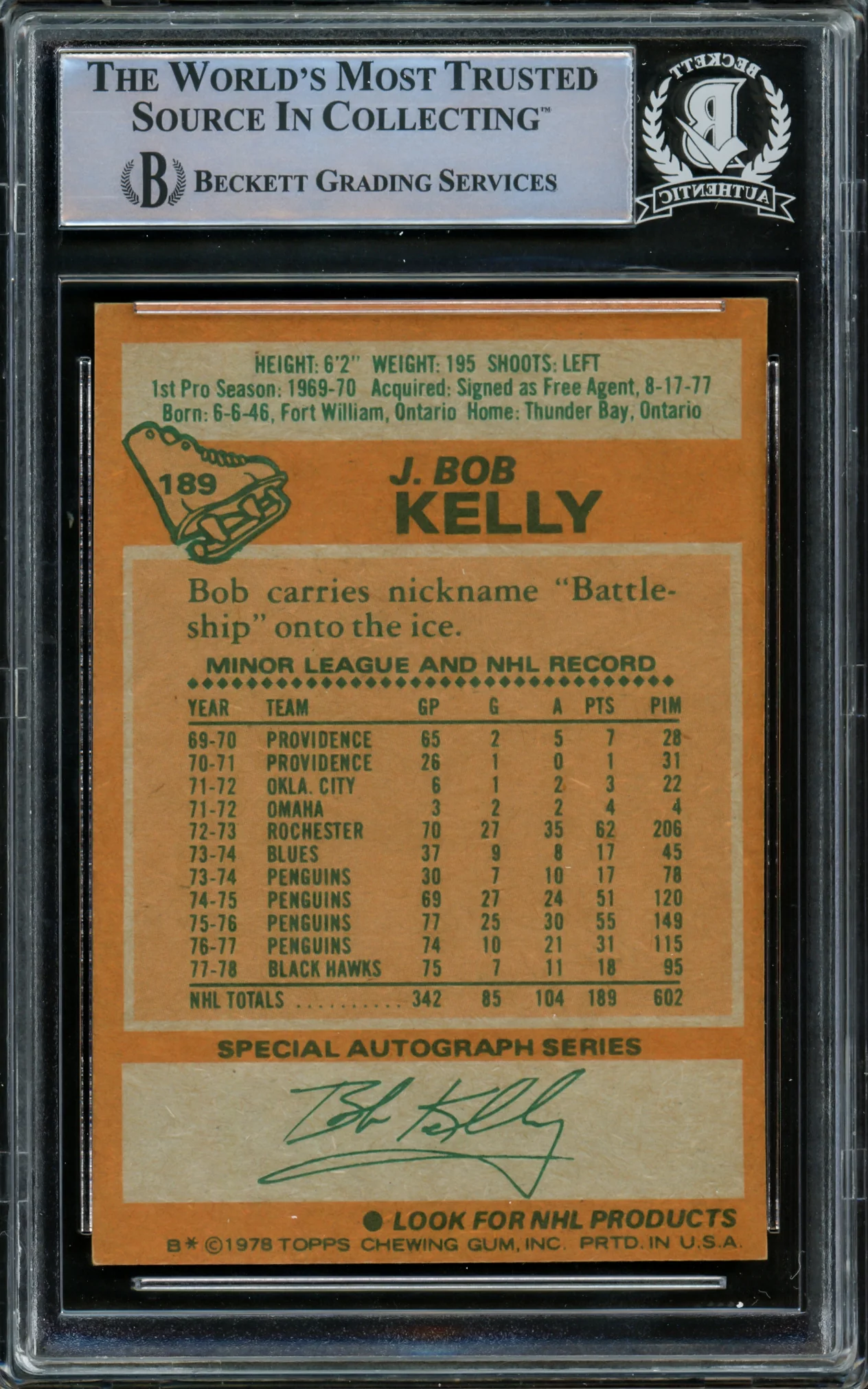 J. Bob Kelly Autographed 1978-79 Topps Card #189 Chicago Blackhawks Beckett BAS #15780980 - Image 2