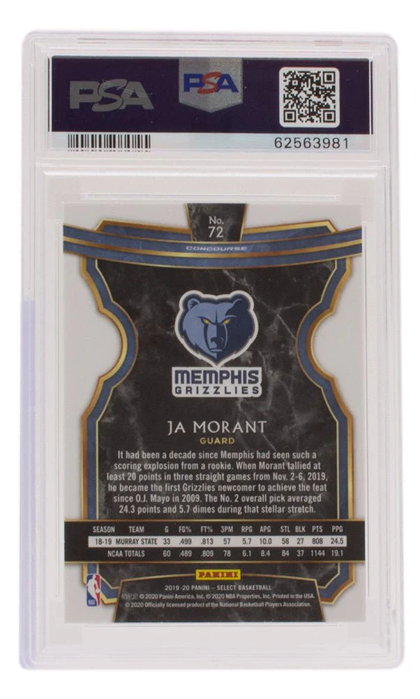 Ja Morant 2019 Panini Select #72 Grizzles Basketball Card BAS Near Mint Mint 8 - Image 2