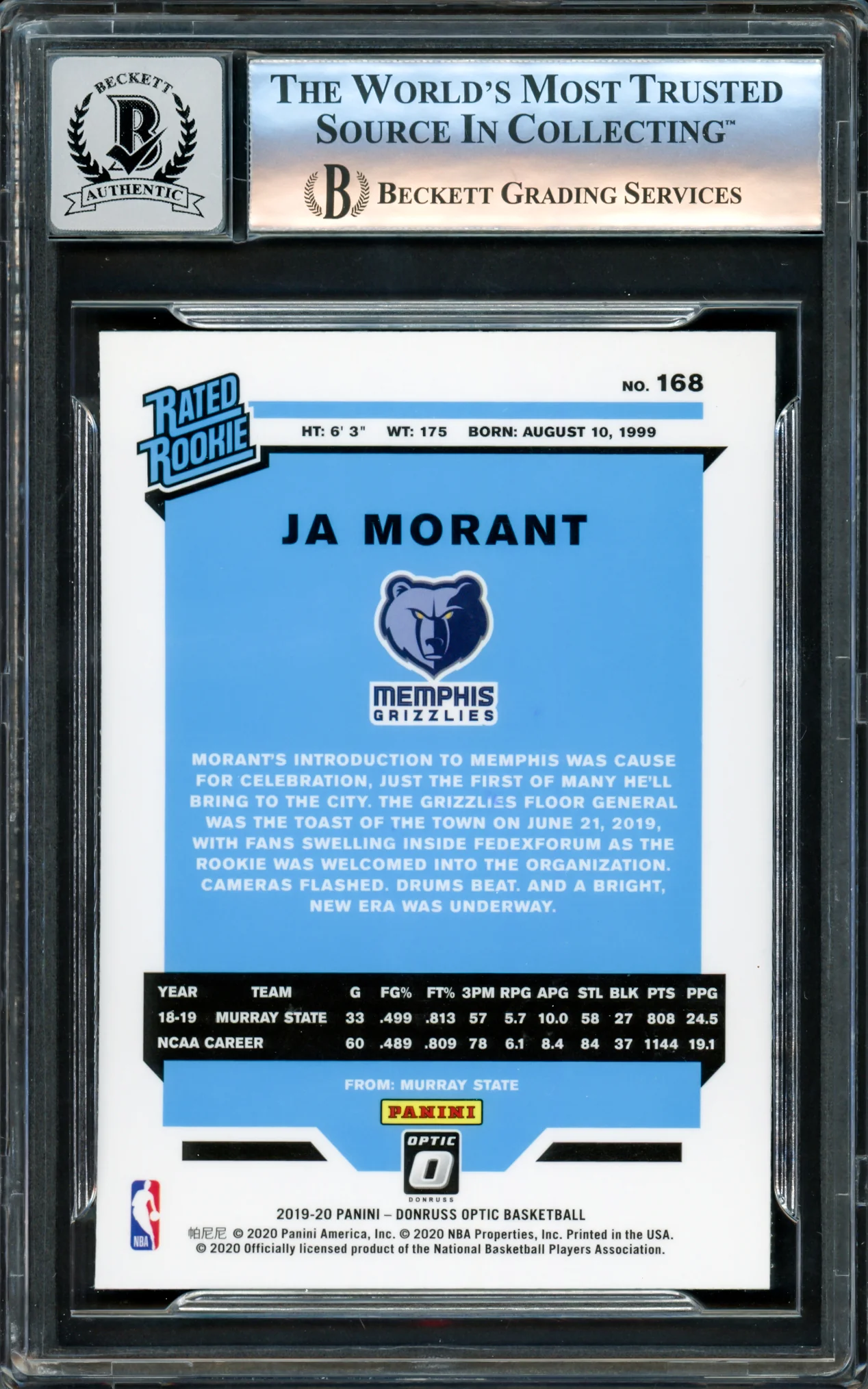 Ja Morant Autographed 2019-20 Donruss Optic Rated Rookies Rookie Card #168 Memphis Grizzlies Auto Grade Gem Mint 10 Beckett BAS Stock #220779 - Image 2