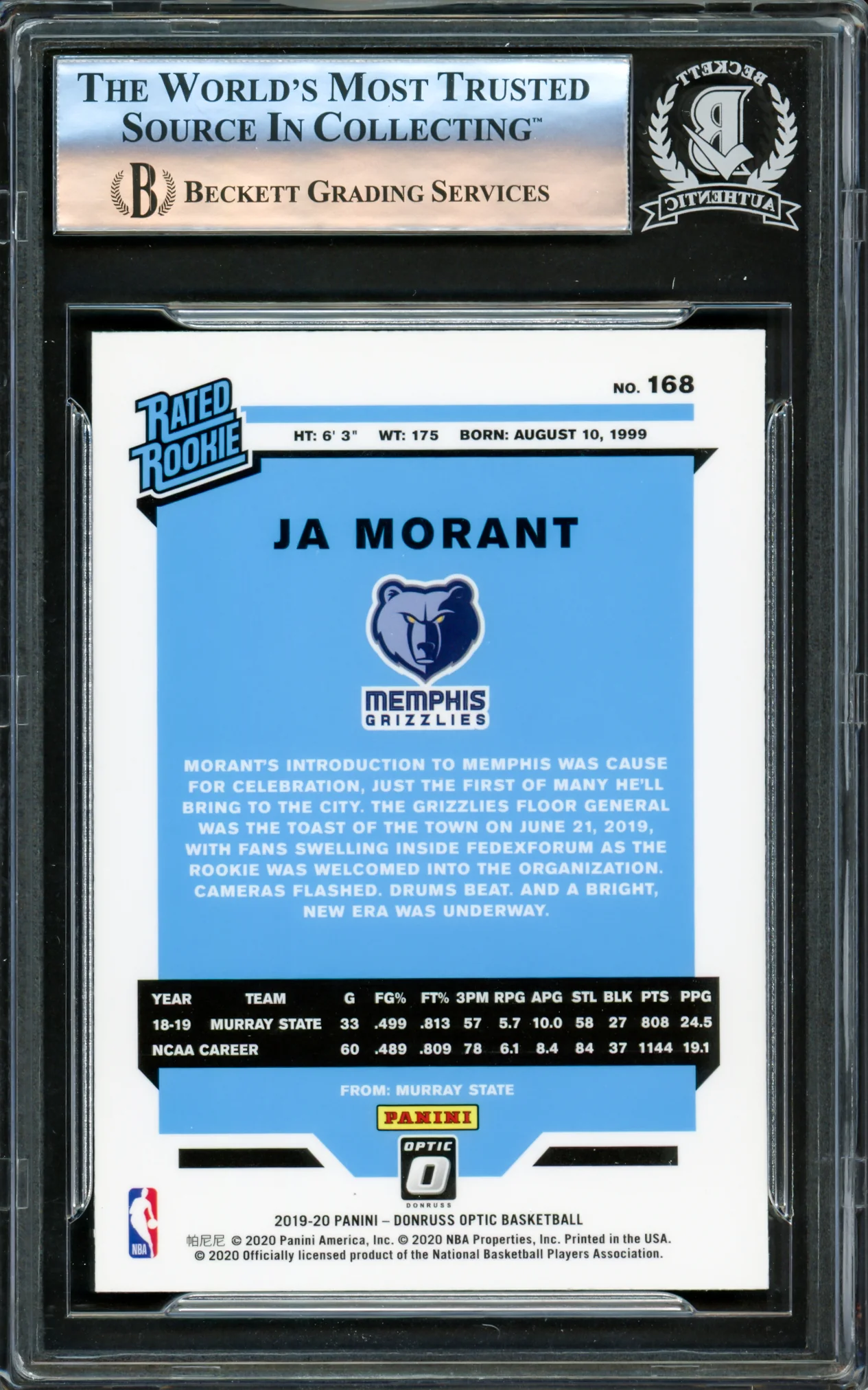 Ja Morant Autographed 2019-20 Donruss Optic Rookie Card #168 Memphis Grizzlies Beckett BAS #16176952 - Image 2