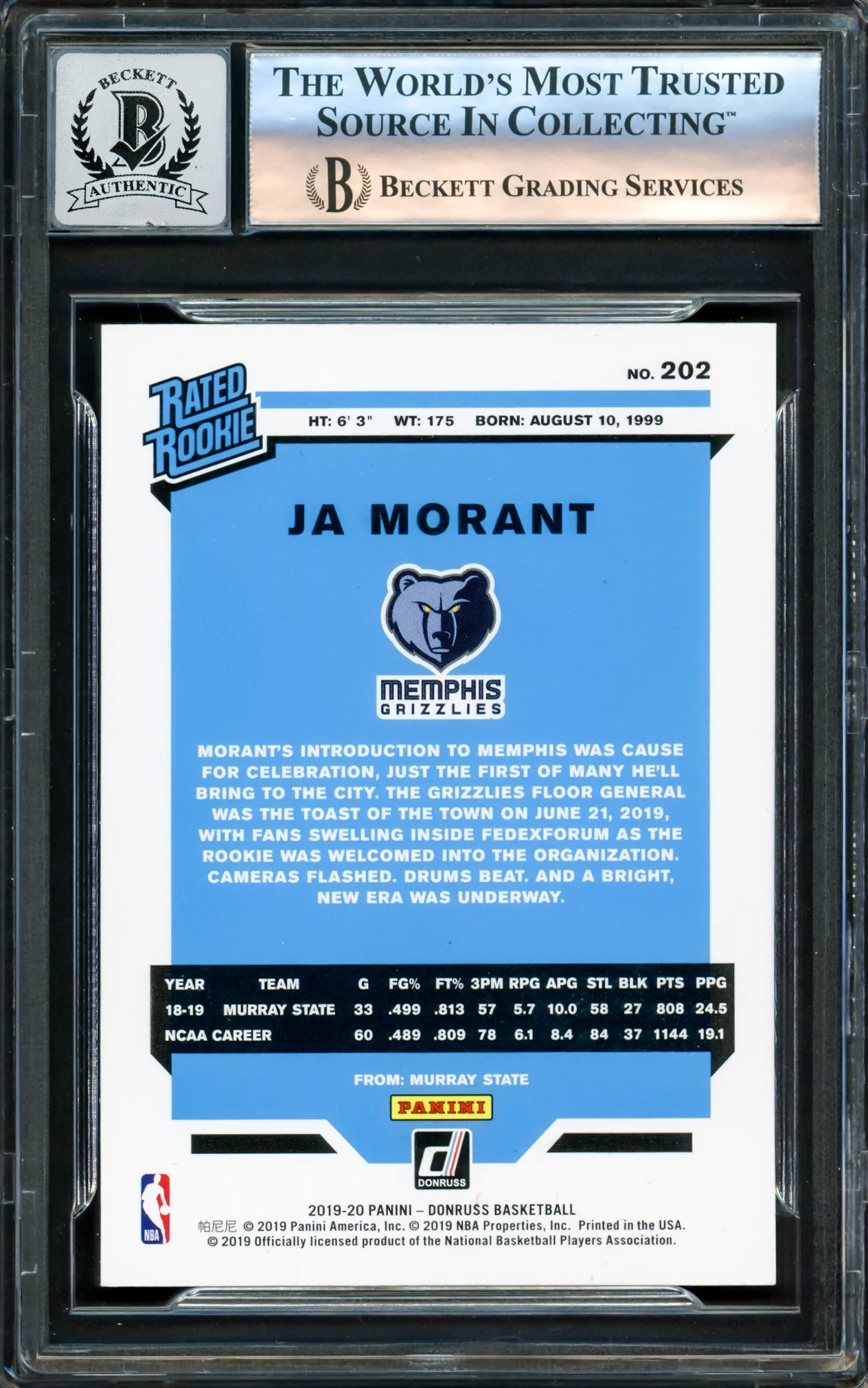Ja Morant Autographed 2019-20 Donruss Rookie Card #202 Memphis Grizzlies Auto Grade Gem Mint 10 Beckett BAS Stock #220778 - Image 2