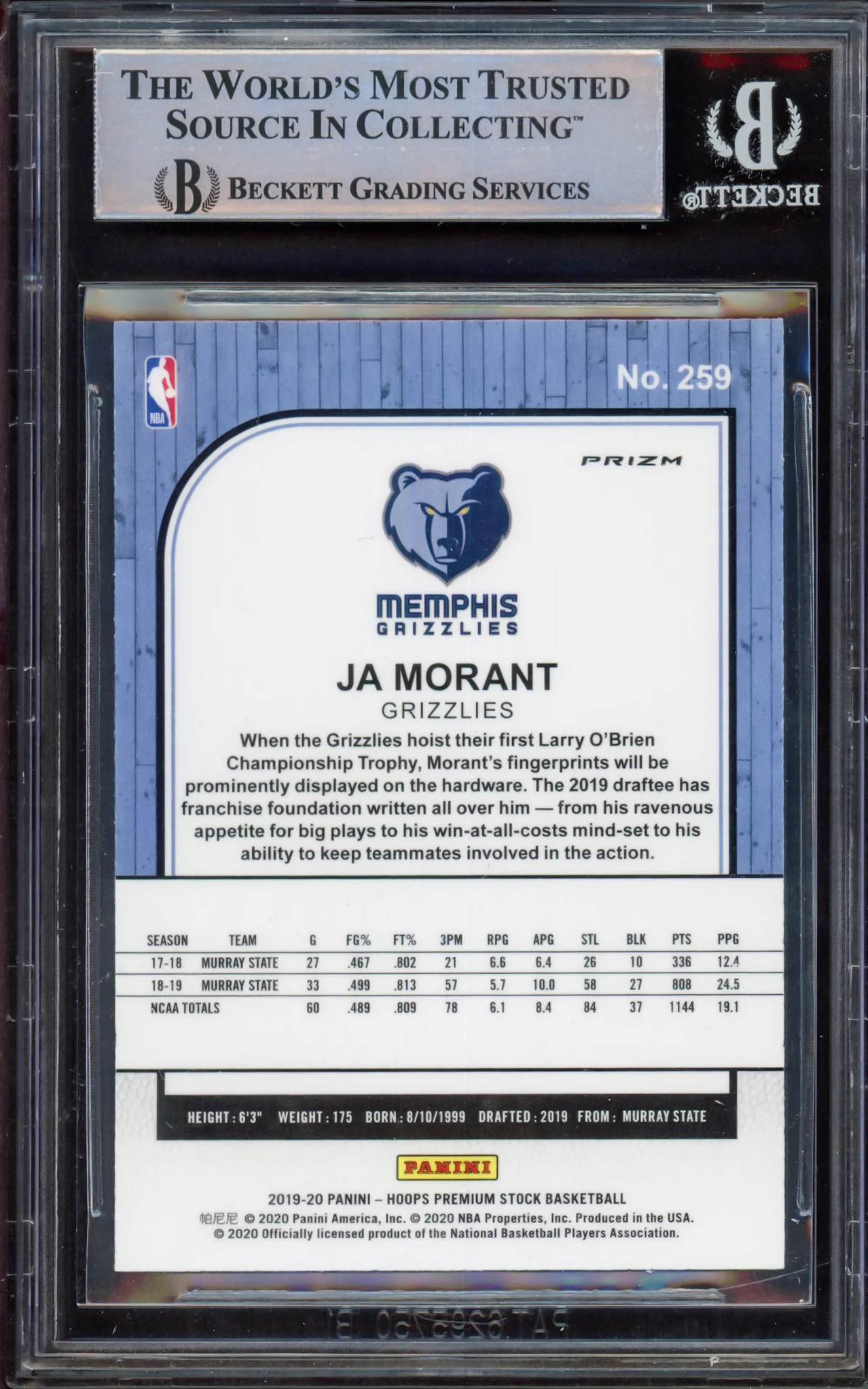 Ja Morant Autographed 2019-20 Hoops Premium Stock Prizms Pulsar Rookie Card #259 Memphis Grizzlies Beckett BAS #15248864 - Image 2