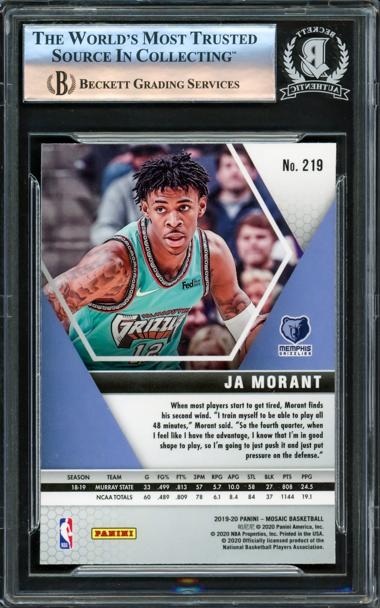 Ja Morant Autographed 2019-20 Mosaic Rookie Card #219 Memphis Grizzlies Beckett BAS Stock #221206 - Image 2
