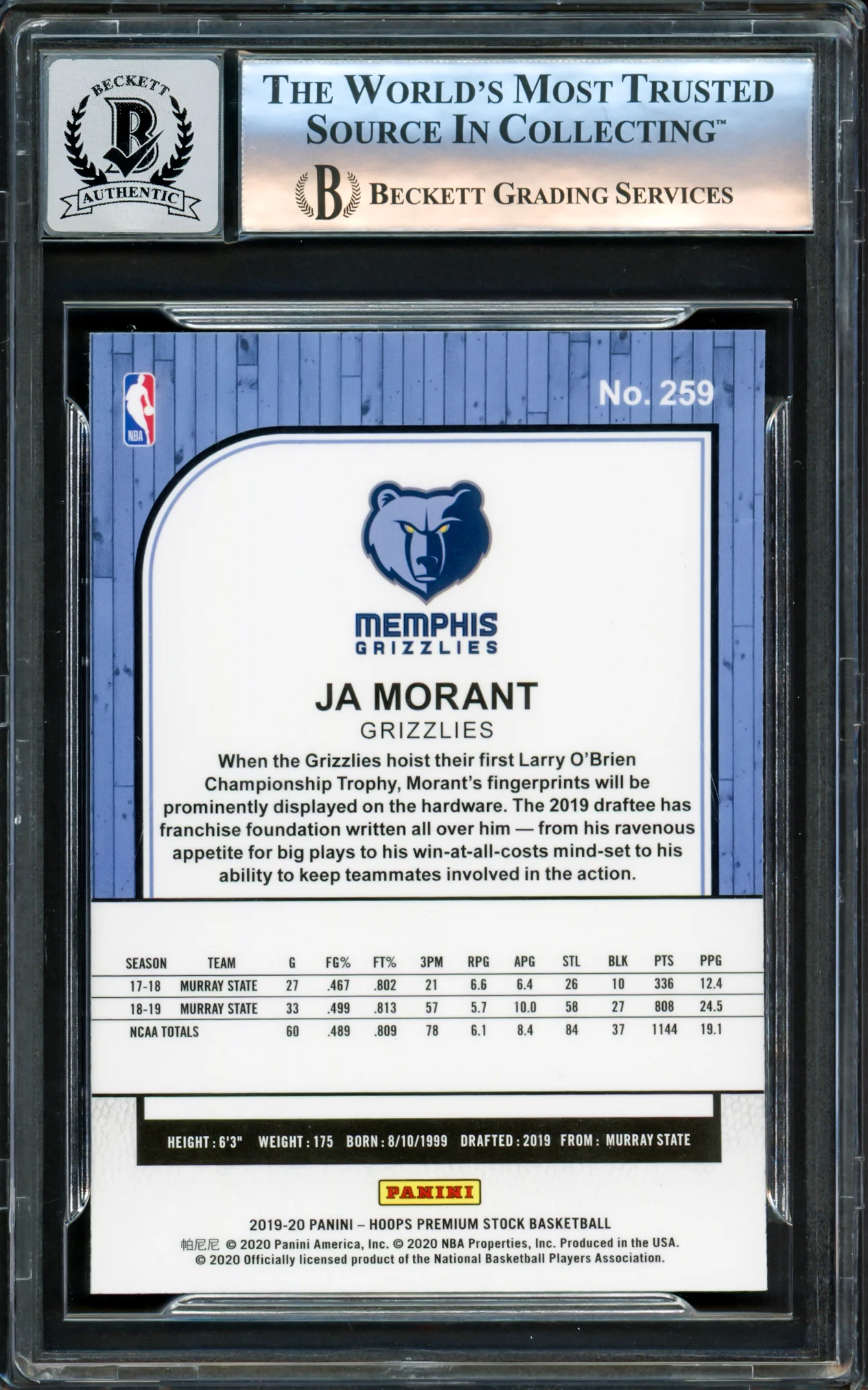Ja Morant Autographed 2019-20 Panini Hoops Premium Stock Rookie Card #259 Memphis Grizzlies Auto Grade Gem Mint 10 Beckett BAS Stock #220780 - Image 2
