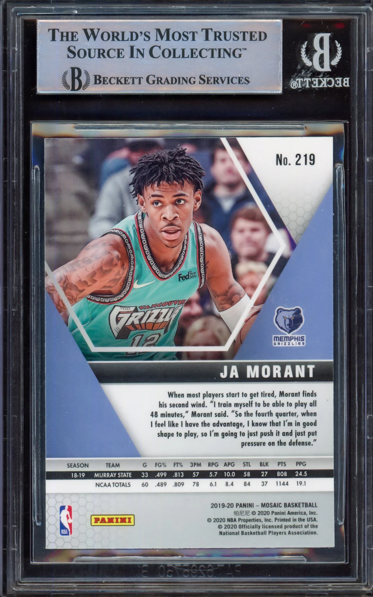 Ja Morant Autographed 2019-20 Panini Mosaic Rookie Card #219 Memphis Grizzlies Beckett BAS #15248863 - Image 2