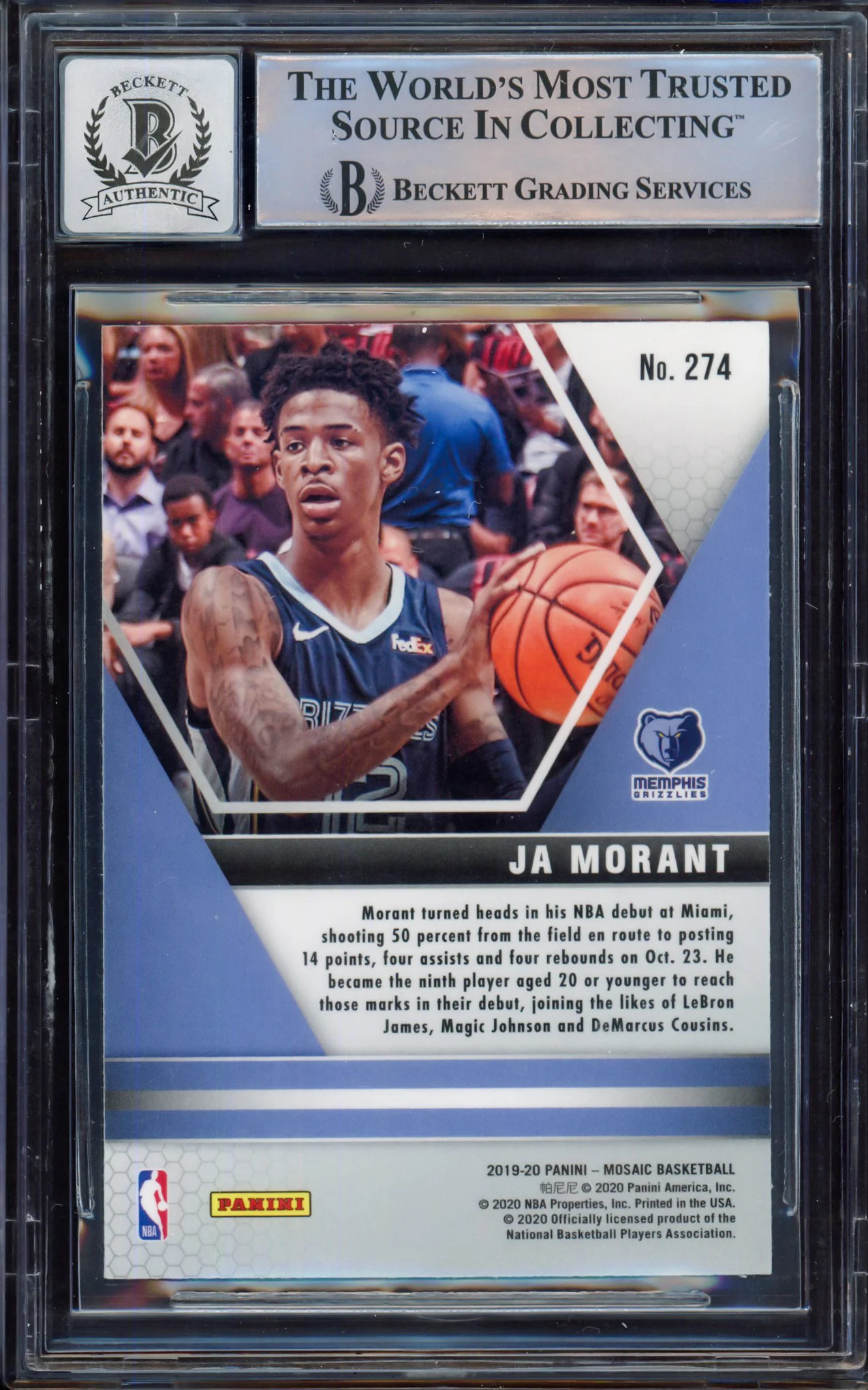 Ja Morant Autographed 2019-20 Panini Mosaic Rookie Card #274 Memphis Grizzlies Auto Grade Gem Mint 10 Beckett BAS #15249215 - Image 2