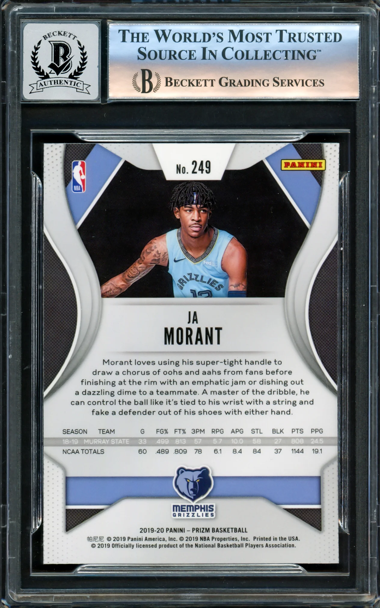 Ja Morant Autographed 2019-20 Panini Prizm Rookie Card #249 Memphis Grizzlies Auto Grade Gem Mint 10 Beckett BAS Stock #220782 - Image 2