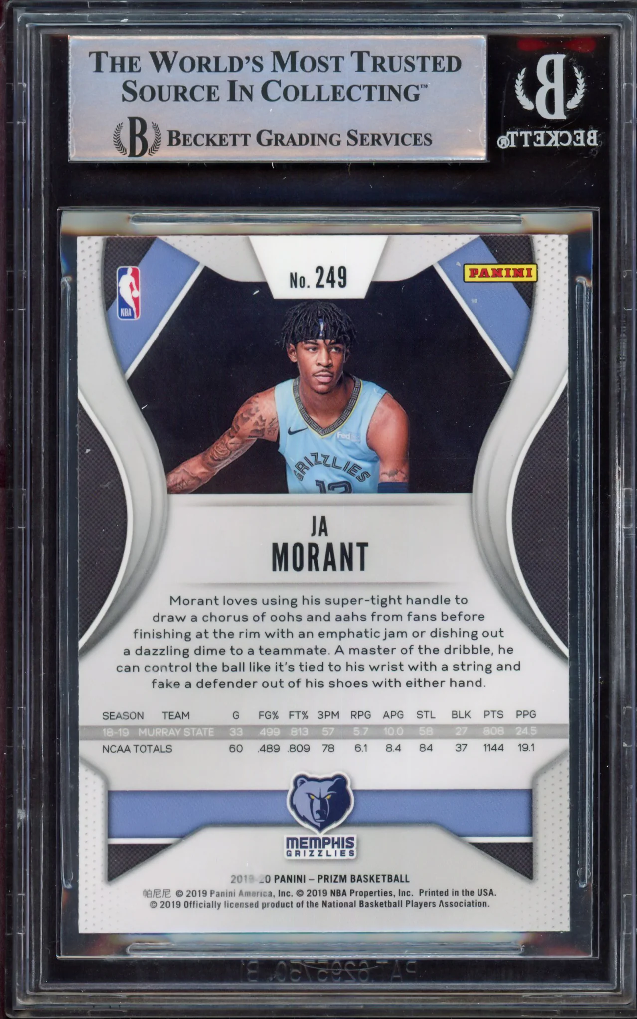 Ja Morant Autographed 2019-20 Panini Prizm Rookie Card #249 Memphis Grizzlies Beckett BAS #15248883 - Image 2