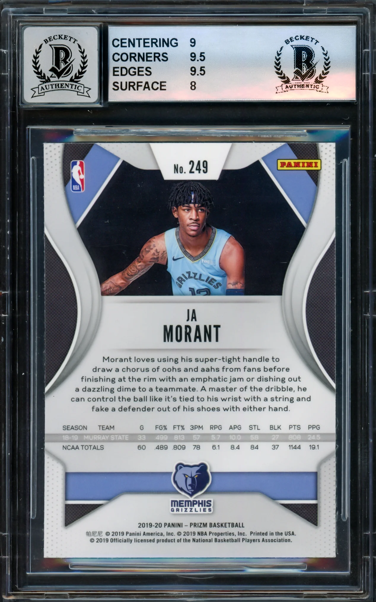 Ja Morant Autographed 2019-20 Panini Prizm Rookie Card #249 Memphis Grizzlies BGS 8.5 Auto Grade Mint 9 Beckett BAS #16643841 - Image 2