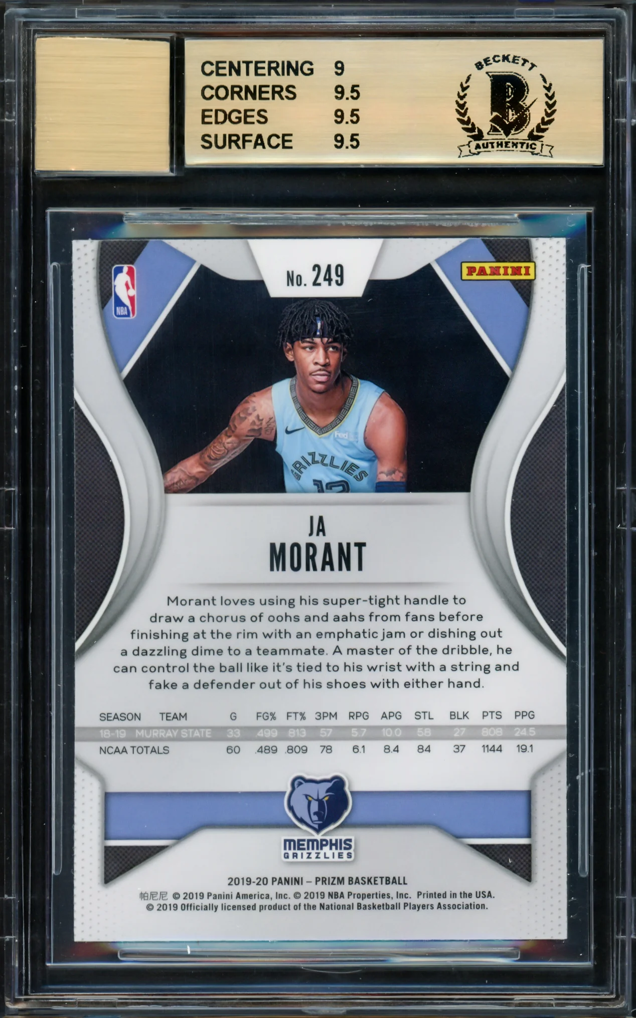Ja Morant Autographed 2019-20 Panini Prizm Rookie Card #249 Memphis Grizzlies BGS 9.5 Auto Grade Mint 9 Beckett BAS Stock #228052 - Image 2
