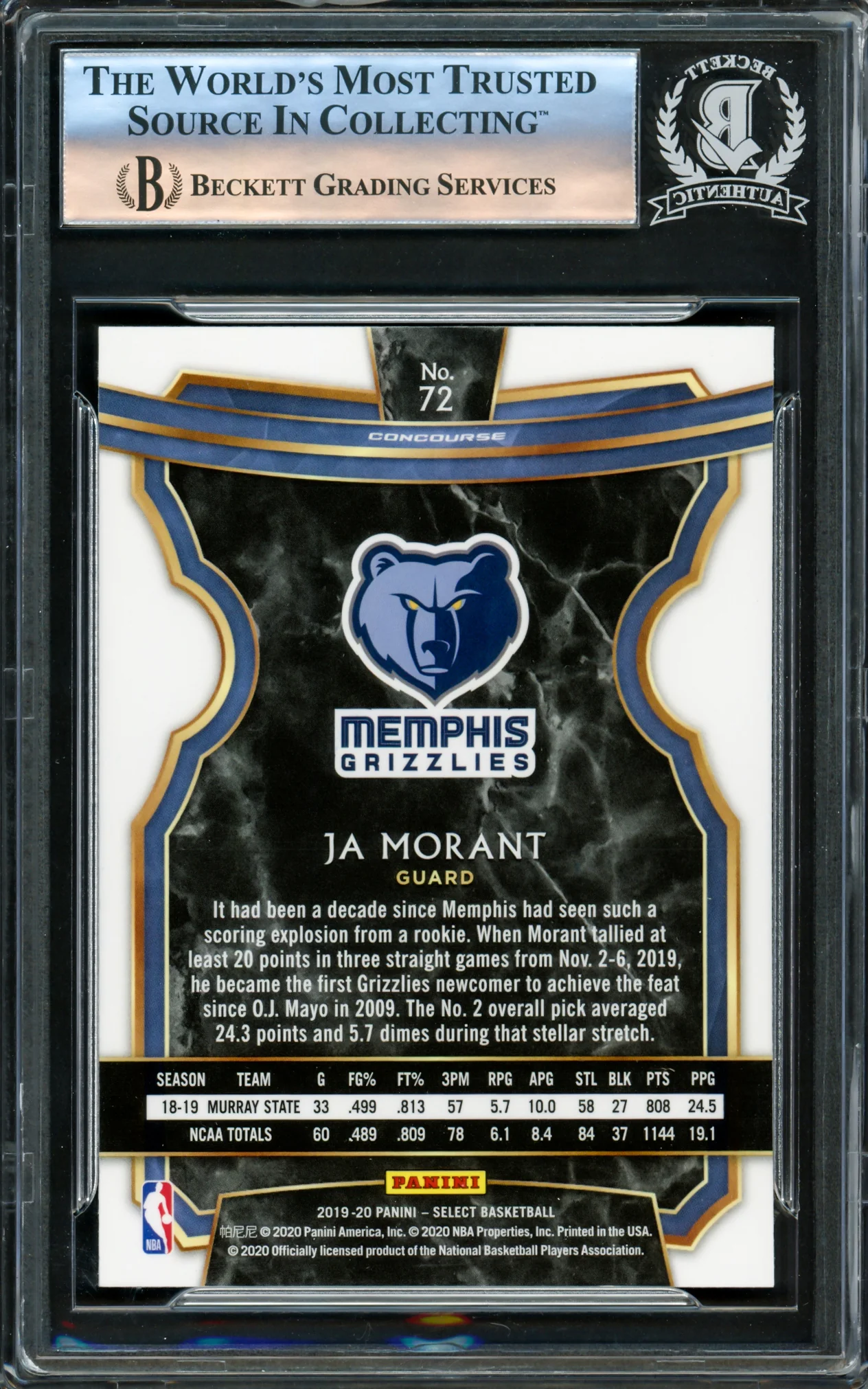 Ja Morant Autographed 2019-20 Panini Select Rookie Card #72 Memphis Grizzlies Beckett BAS Stock #221208 - Image 2
