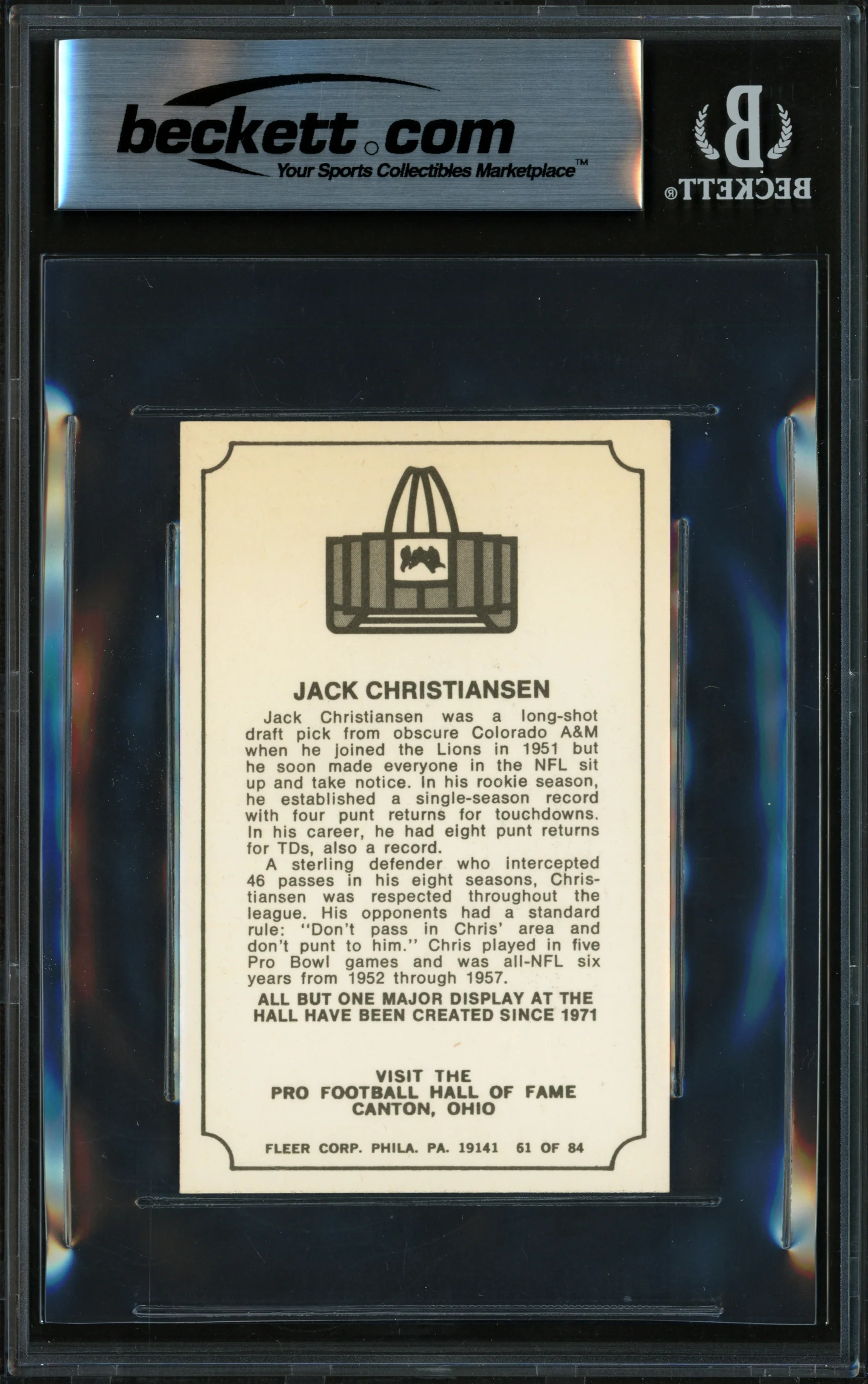 Jack Christiansen Autographed 1975 Fleer Card #61 Detroit Lions Beckett BAS #17856739 - Image 2