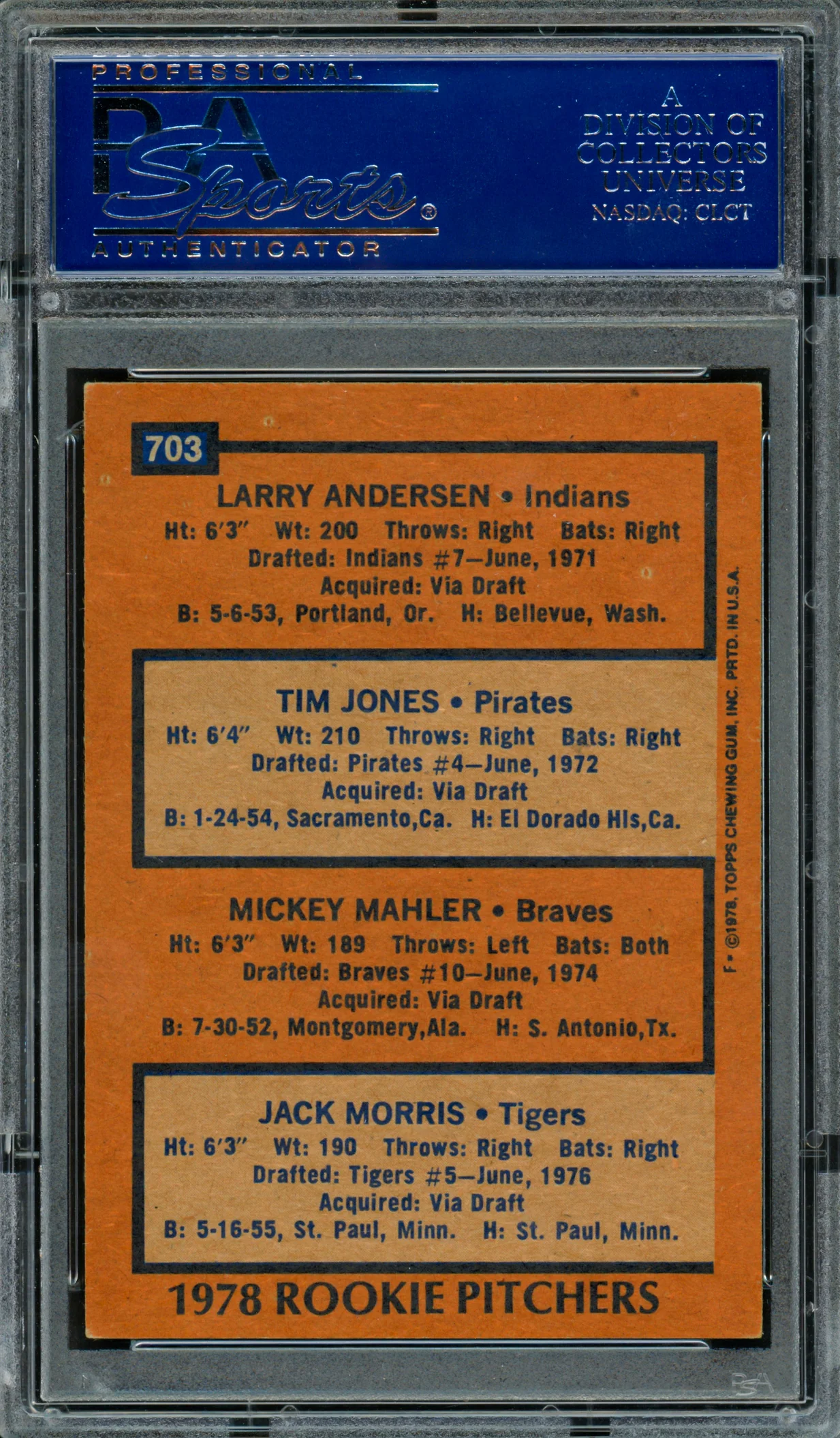 Jack Morris, Mickey Mahler & Larry Andersen Autographed 1978 Topps Rookie Card #703 PSA/DNA #83308991 - Image 2