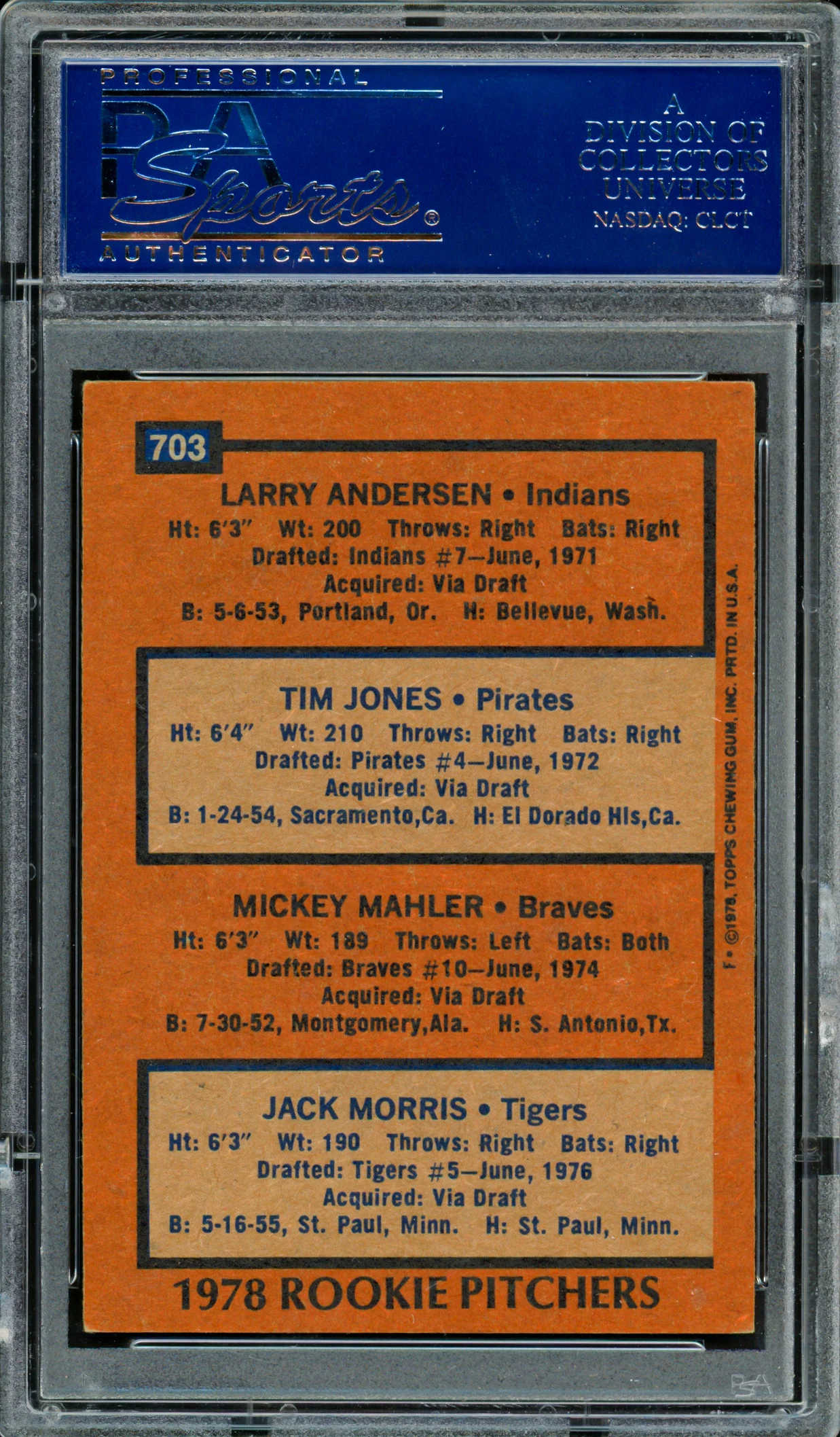 Jack Morris, Mickey Mahler & Larry Andersen Autographed 1978 Topps Rookie Card #703 PSA/DNA #83308999 - Image 2