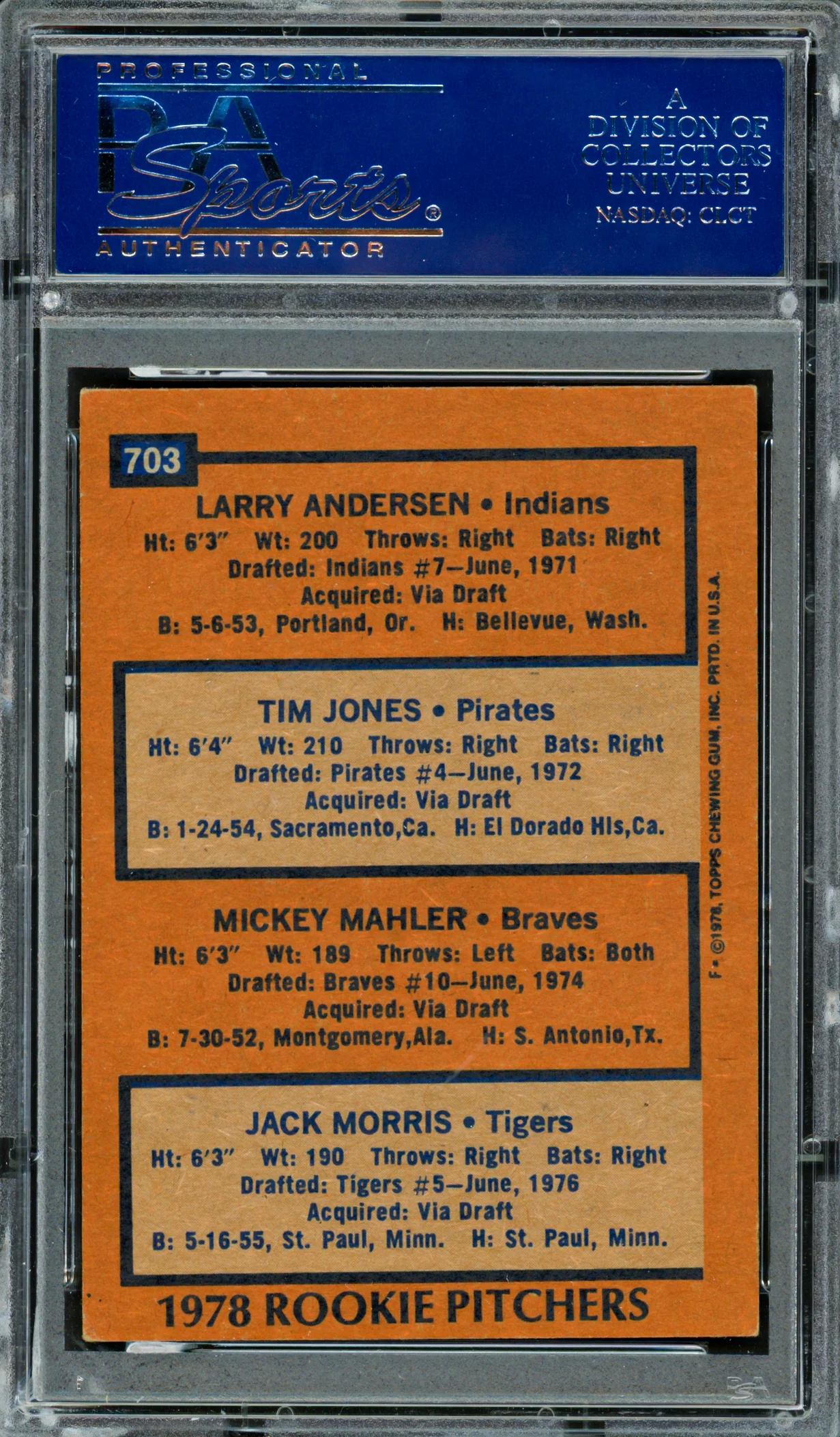 Jack Morris, Mickey Mahler & Larry Andersen Autographed 1978 Topps Rookie Card #703 PSA/DNA #83309000 - Image 2