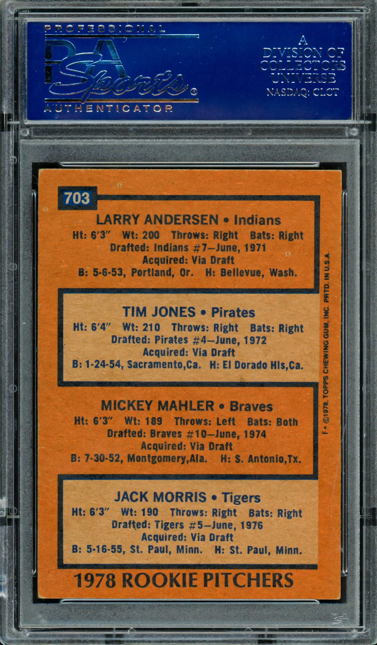 Jack Morris, Mickey Mahler & Larry Andersen Autographed 1978 Topps Rookie Card #703 PSA/DNA #83309001 - Image 2