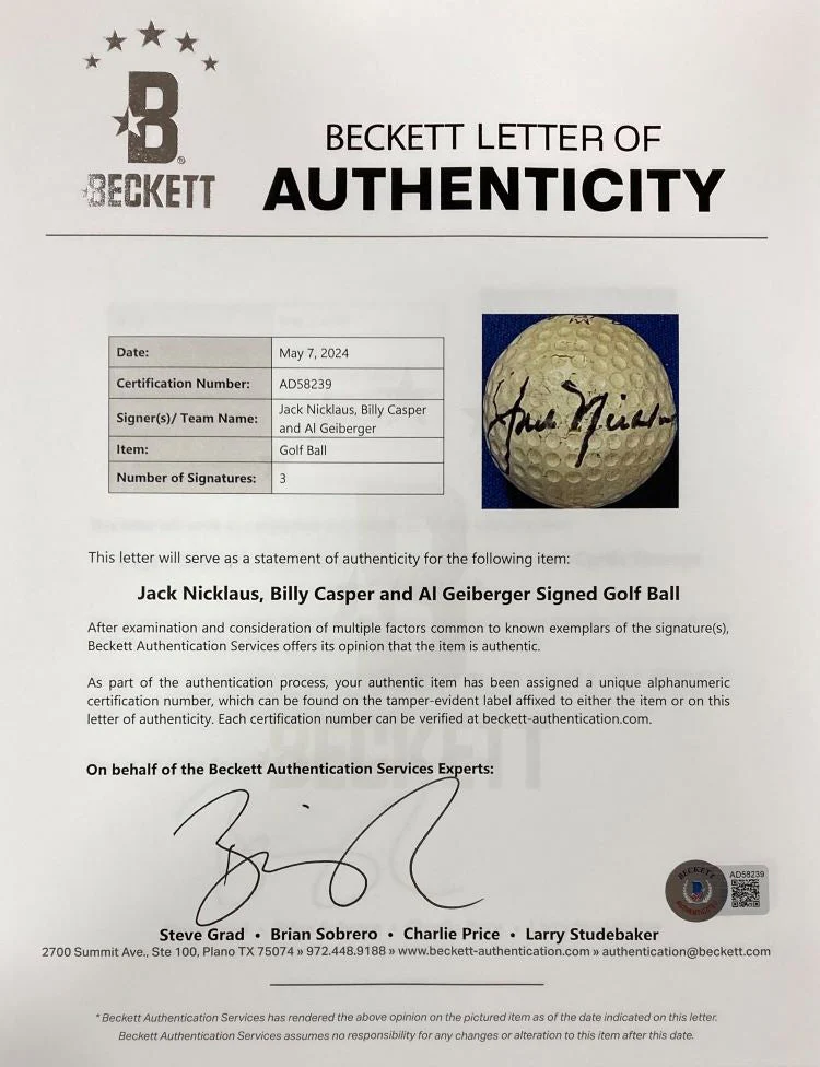 Jack Nicklaus Al Geiberger Billy Casper Signed Golf Ball BAS LOA - Image 4