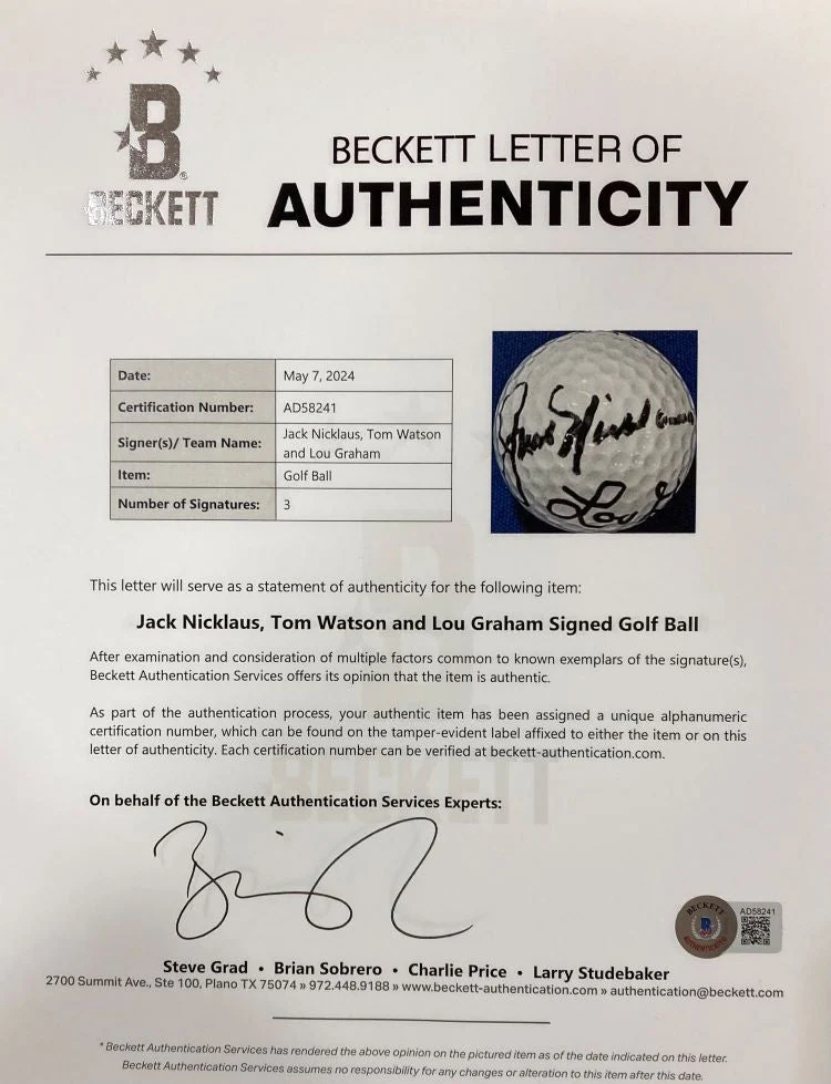 Jack Nicklaus Tom Watson Lou Graham Signed Bobby Jones Golf Ball BAS LOA - Image 4