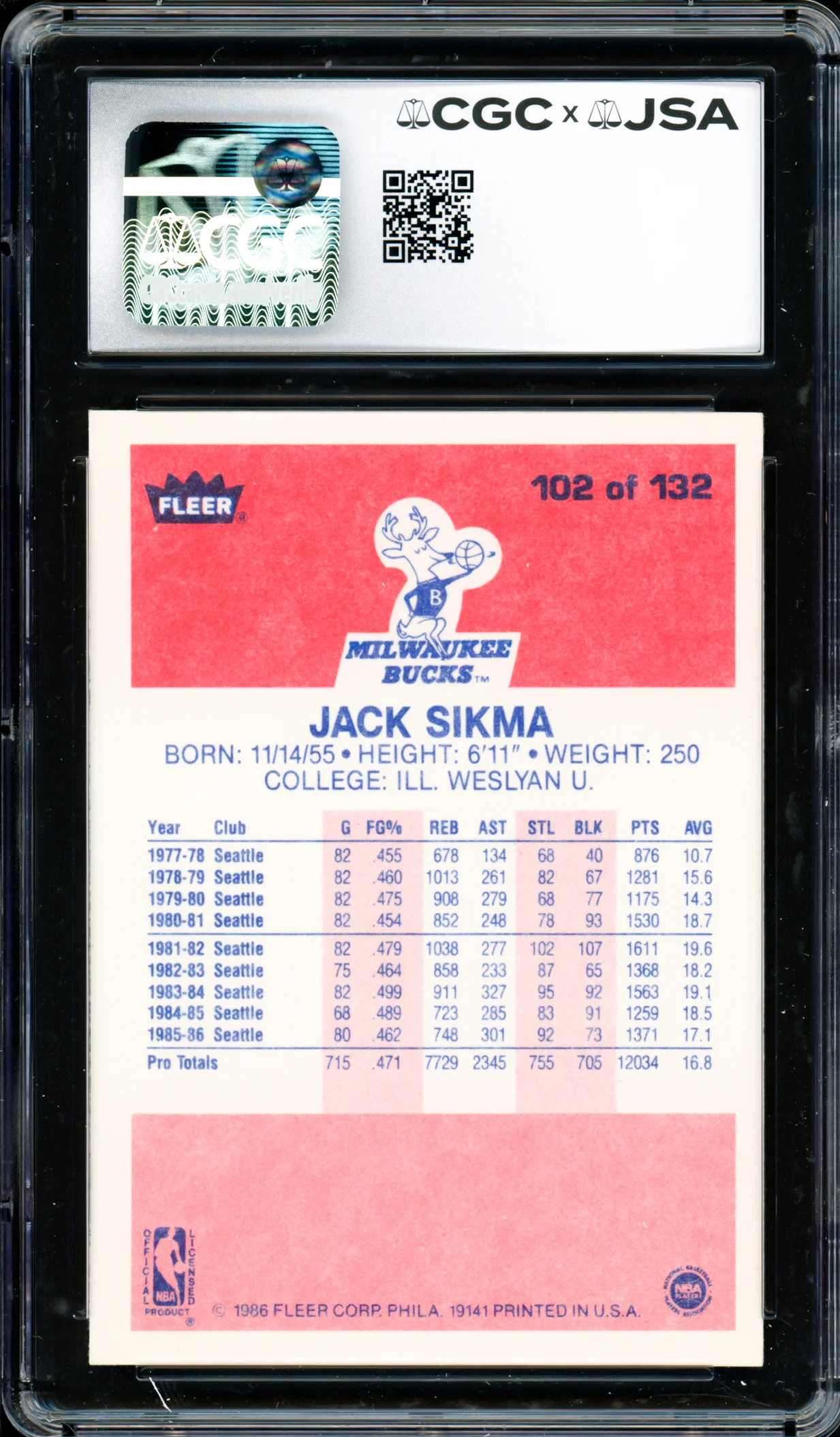 Jack Sikma Autographed 1986 Fleer Card #102 Seattle Supersonics Auto Grade Gem Mint 10 CGC x JSA #6131791234 - Image 2