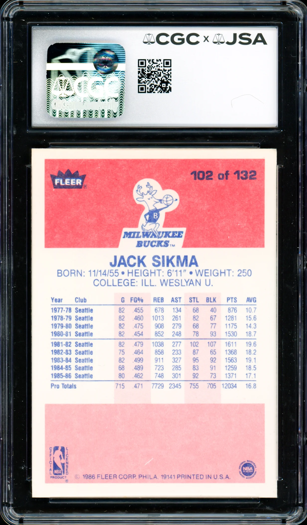 Jack Sikma Autographed 1986 Fleer Card #102 Seattle Supersonics Auto Grade Gem Mint 10 CGC x JSA #6131791235 - Image 2