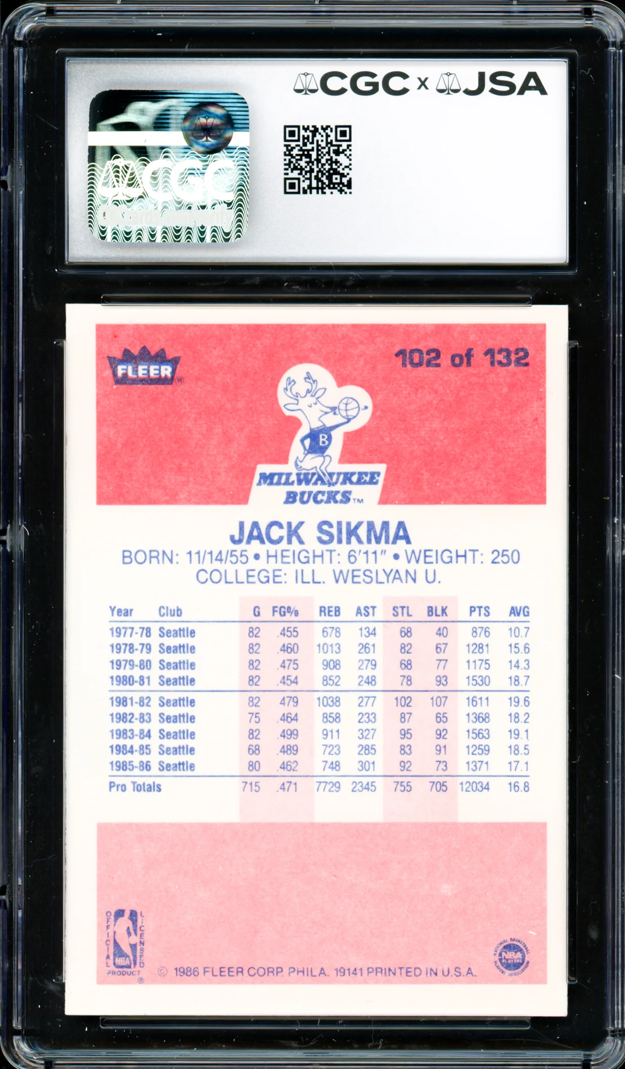 Jack Sikma Autographed 1986 Fleer Card #102 Seattle Supersonics Auto Grade Gem Mint 10 CGC x JSA #6131791236 - Image 2