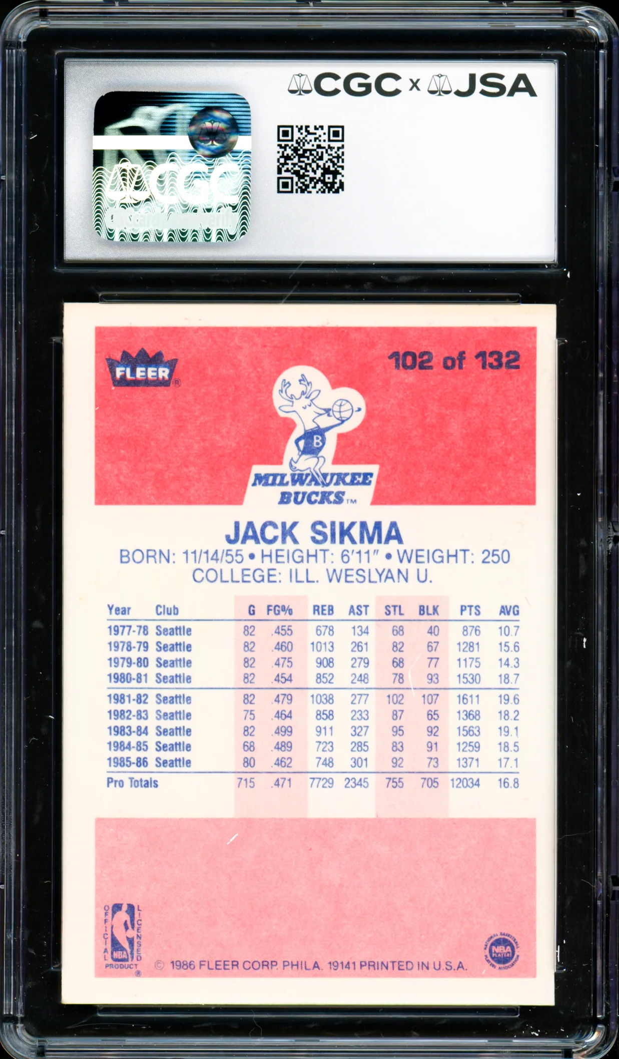 Jack Sikma Autographed 1986 Fleer Card #102 Seattle Supersonics Auto Grade Gem Mint 10 CGC x JSA #6131791238 - Image 2