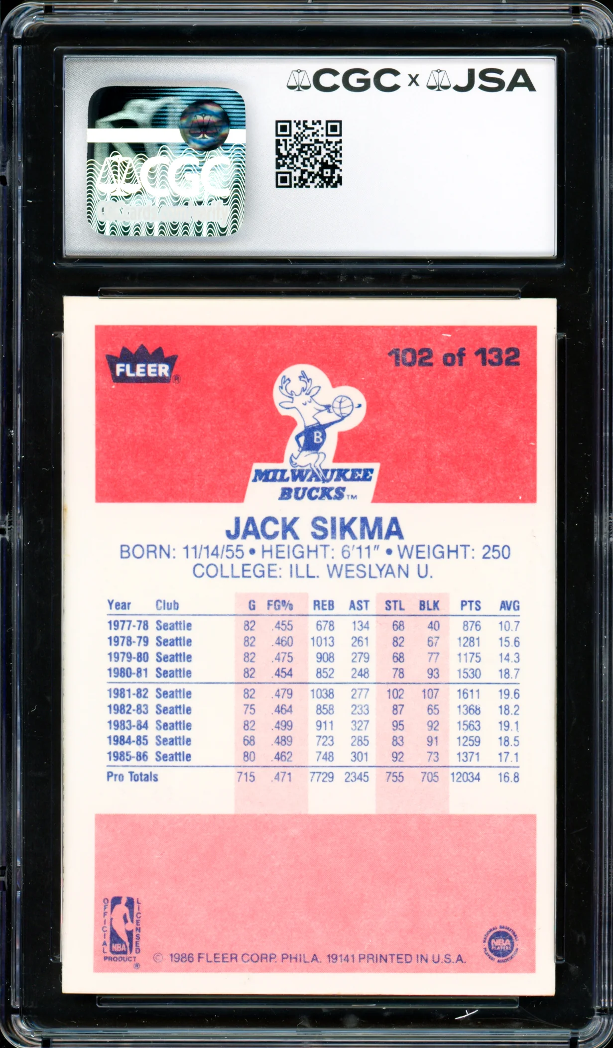 Jack Sikma Autographed 1986 Fleer Card #102 Seattle Supersonics Auto Grade Gem Mint 10 CGC x JSA #6131791240 - Image 2