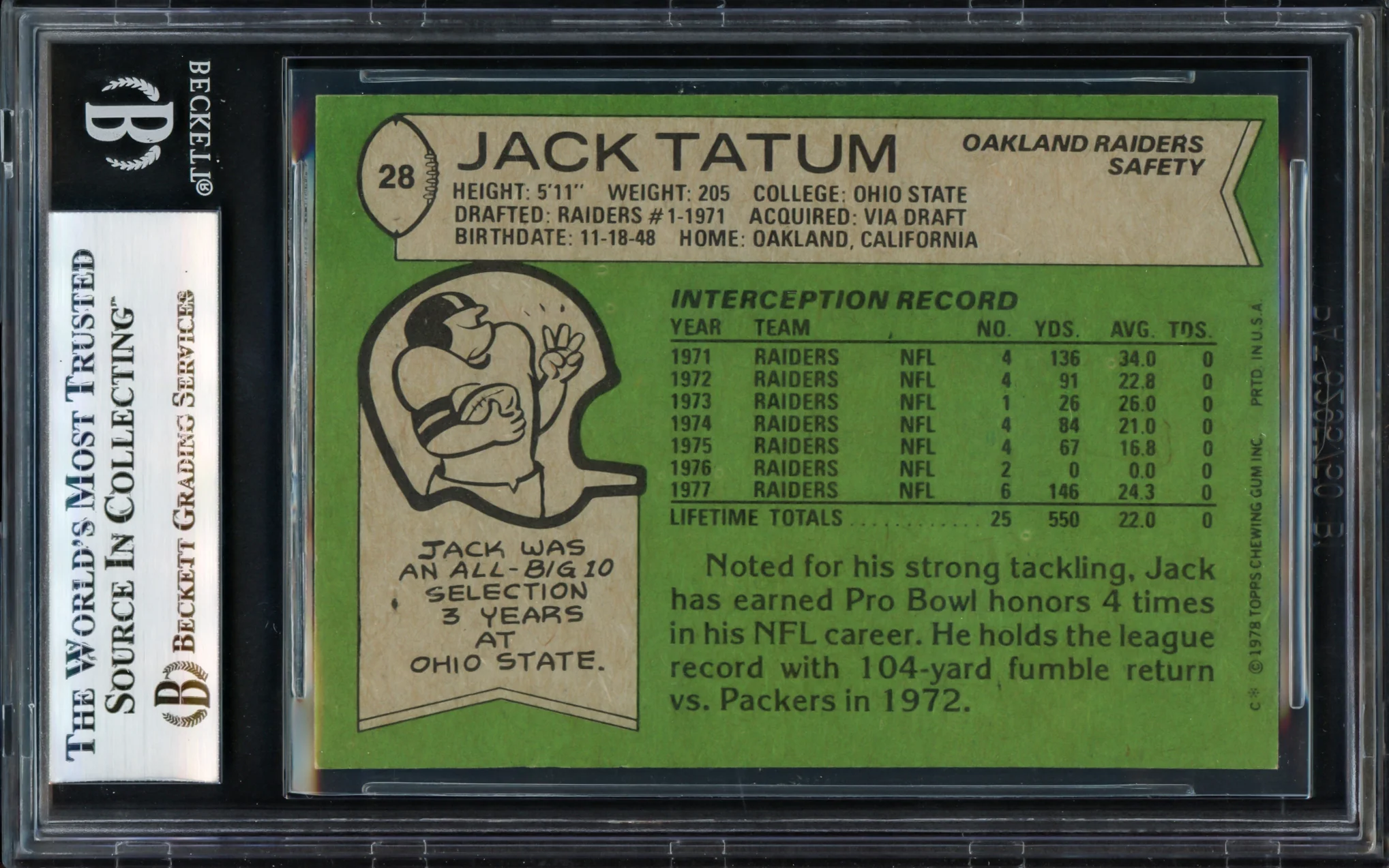 Jack Tatum Autographed 1978 Topps Card #28 Oakland Raiders Beckett BAS #17070021 - Image 2