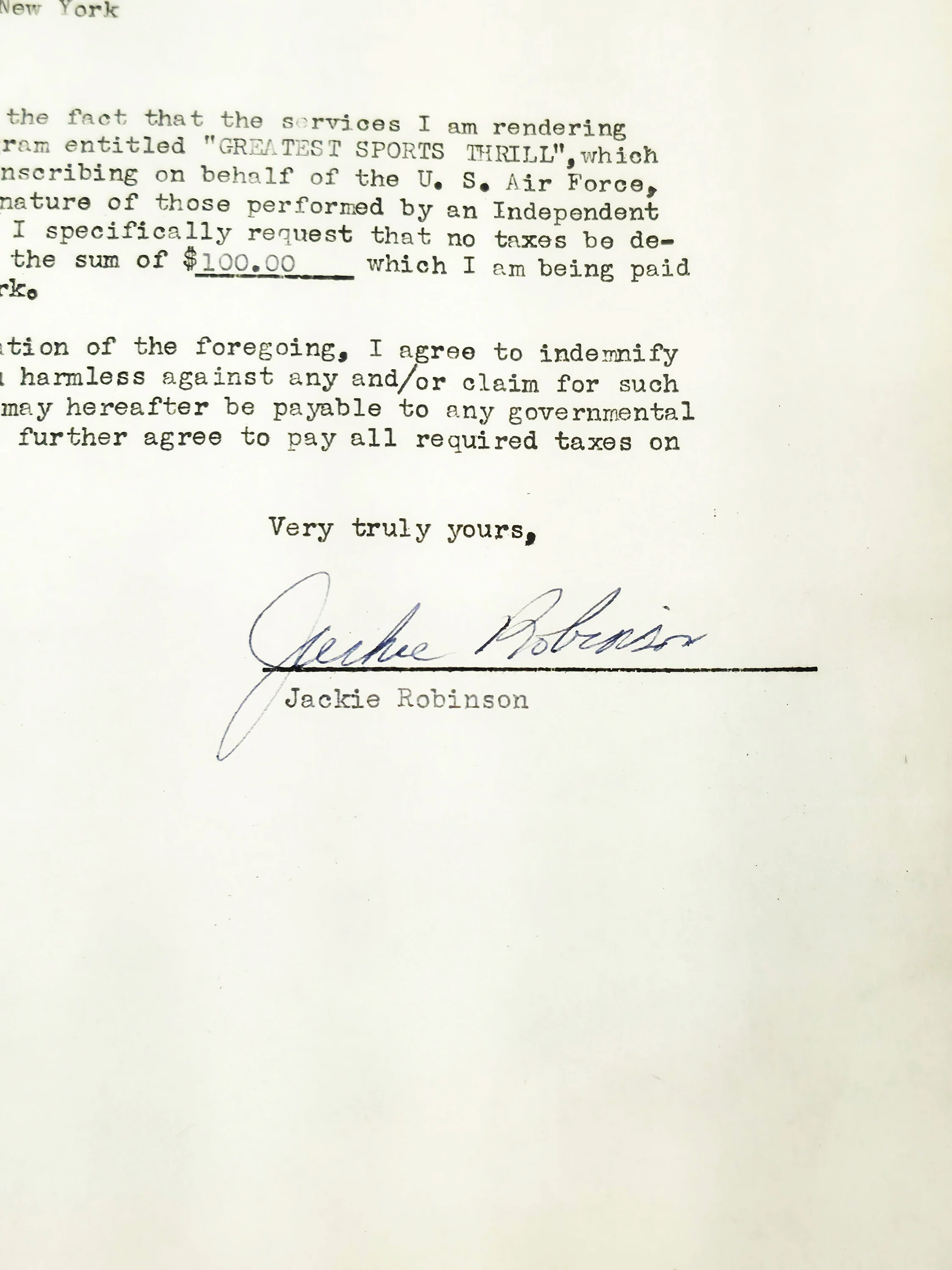 Jackie Robinson Autographed 1956 Greatest Sports Thrill Contract Brooklyn Dodgers Auto Grade Mint 9 Beckett BAS #18284163 - Image 3