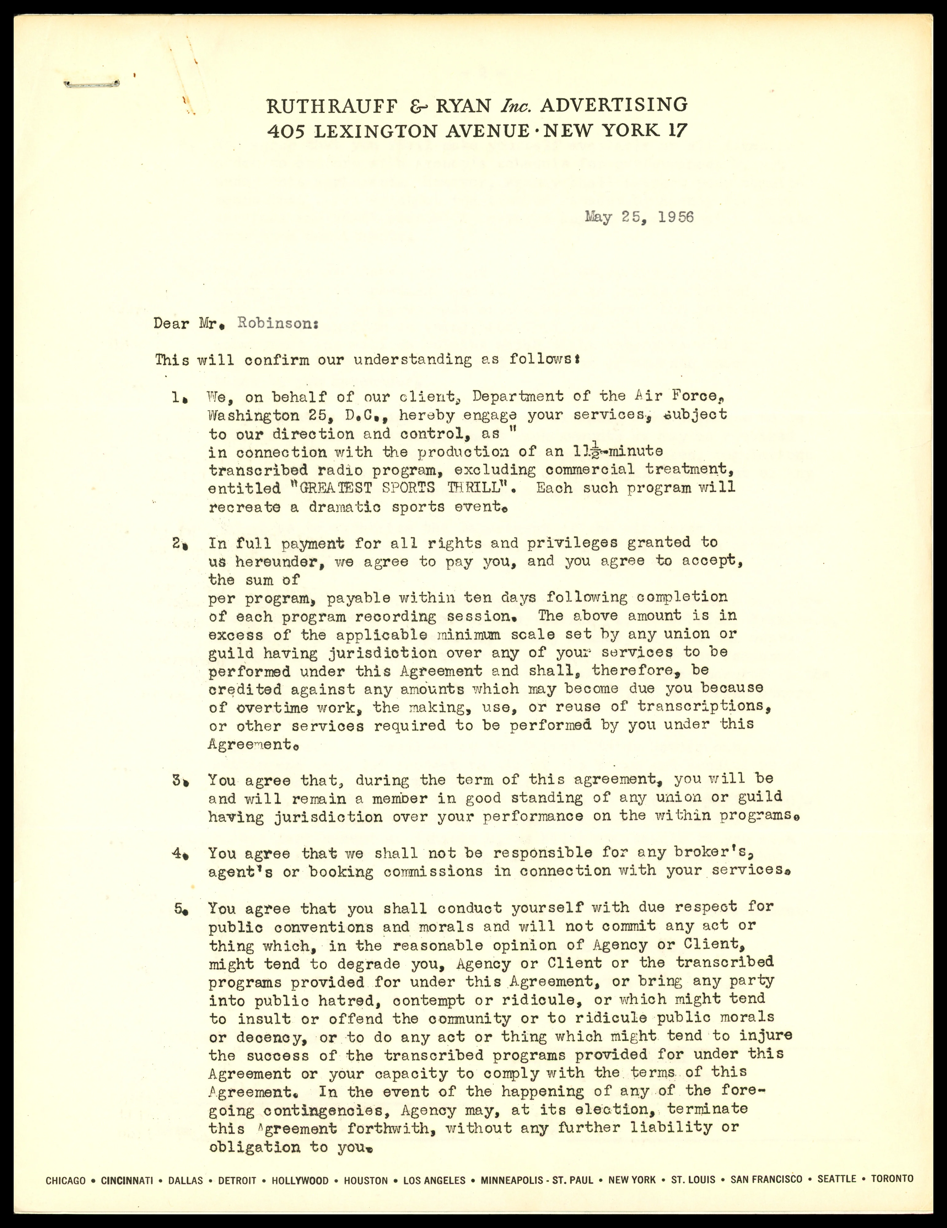 Jackie Robinson Autographed 1956 Greatest Sports Thrill Contract Brooklyn Dodgers Beckett BAS #AE16478 - Image 3