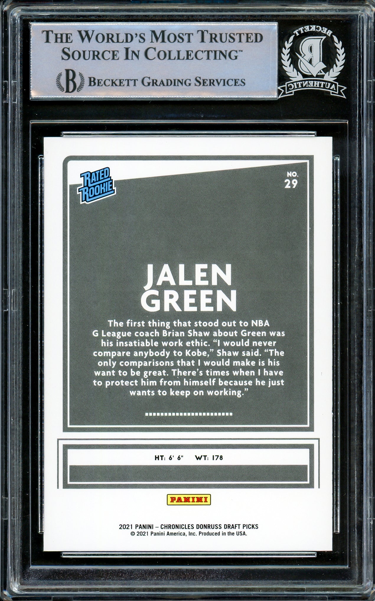 Jalen Green Autographed 2021-22 Donruss Rated Rookie Card #29 Houston Rockets Beckett BAS Stock #206625 - Image 2