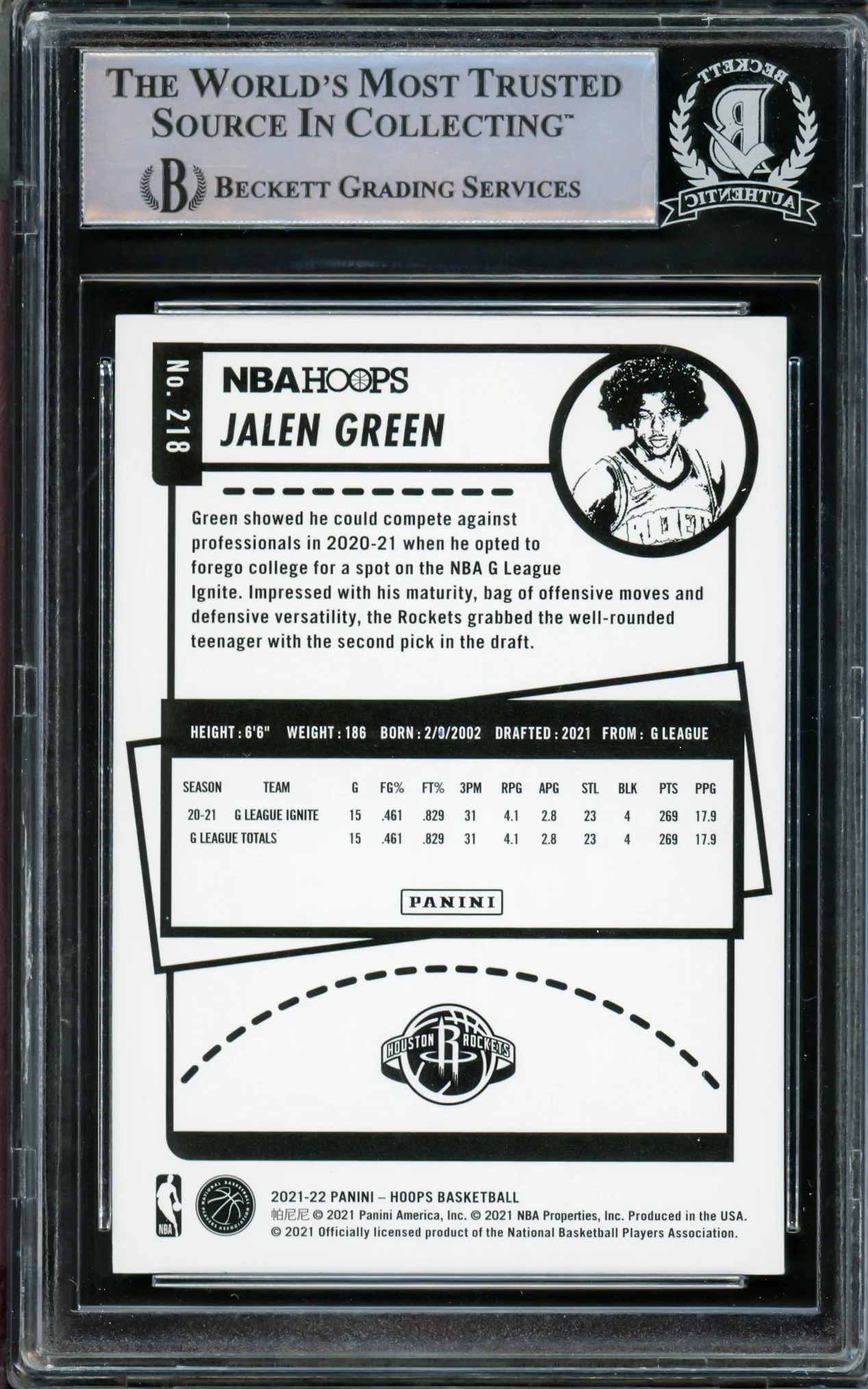 Jalen Green Autographed 2021-22 NBA Hoops Blue Rookie Card #218 Houston Rockets Beckett BAS #14231677 - Image 2