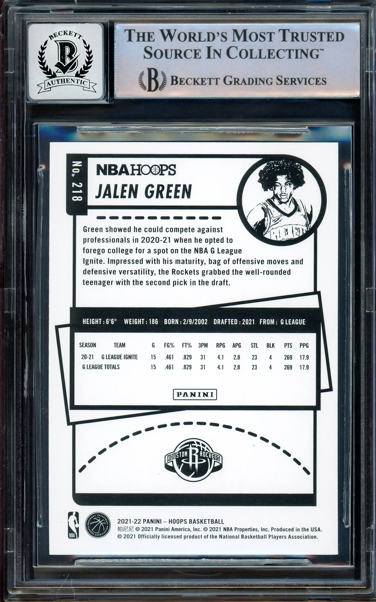 Jalen Green Autographed 2021-22 NBA Hoops Purple Rookie Card #218 Houston Rockets Auto Grade Gem Mint 10 Beckett BAS Stock #205951 - Image 2