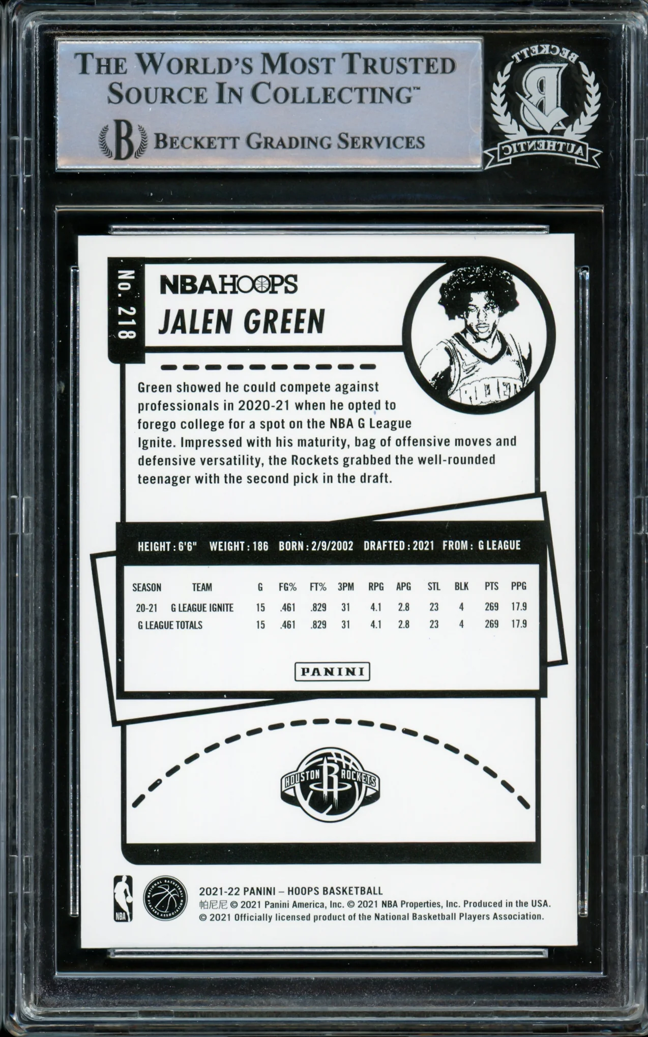Jalen Green Autographed 2021-22 NBA Hoops Purple Rookie Card #218 Houston Rockets Beckett BAS #14231676 - Image 2