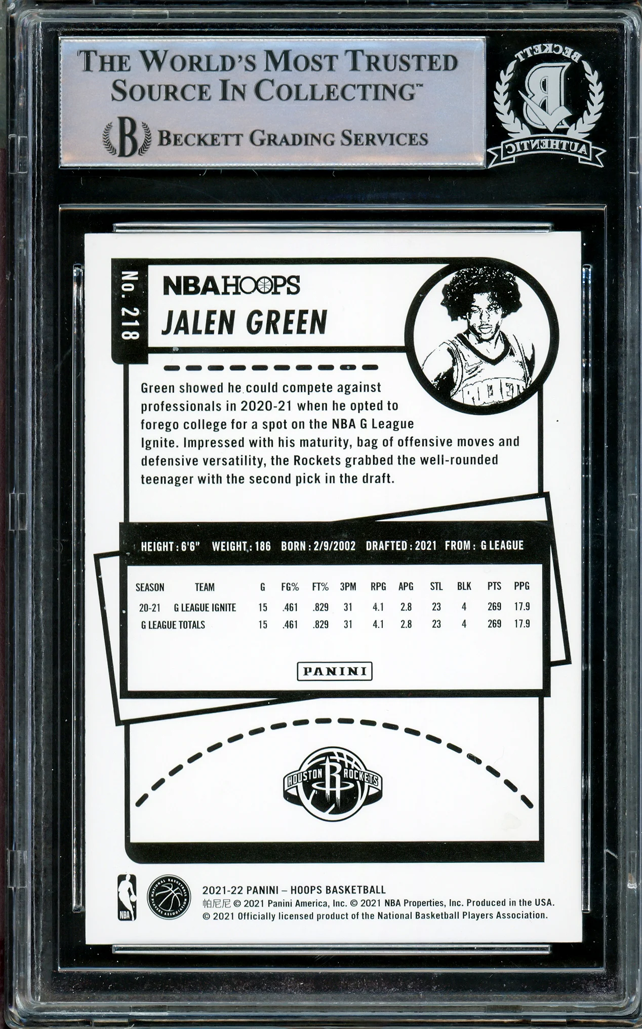 Jalen Green Autographed 2021-22 NBA Hoops Rookie Card #218 Houston Rockets Beckett BAS Stock #206624 - Image 2