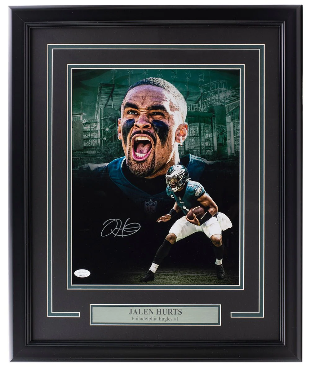 Jalen Hurts Signed Framed Eagles 11x14 Football Scream Collage Photo JSA