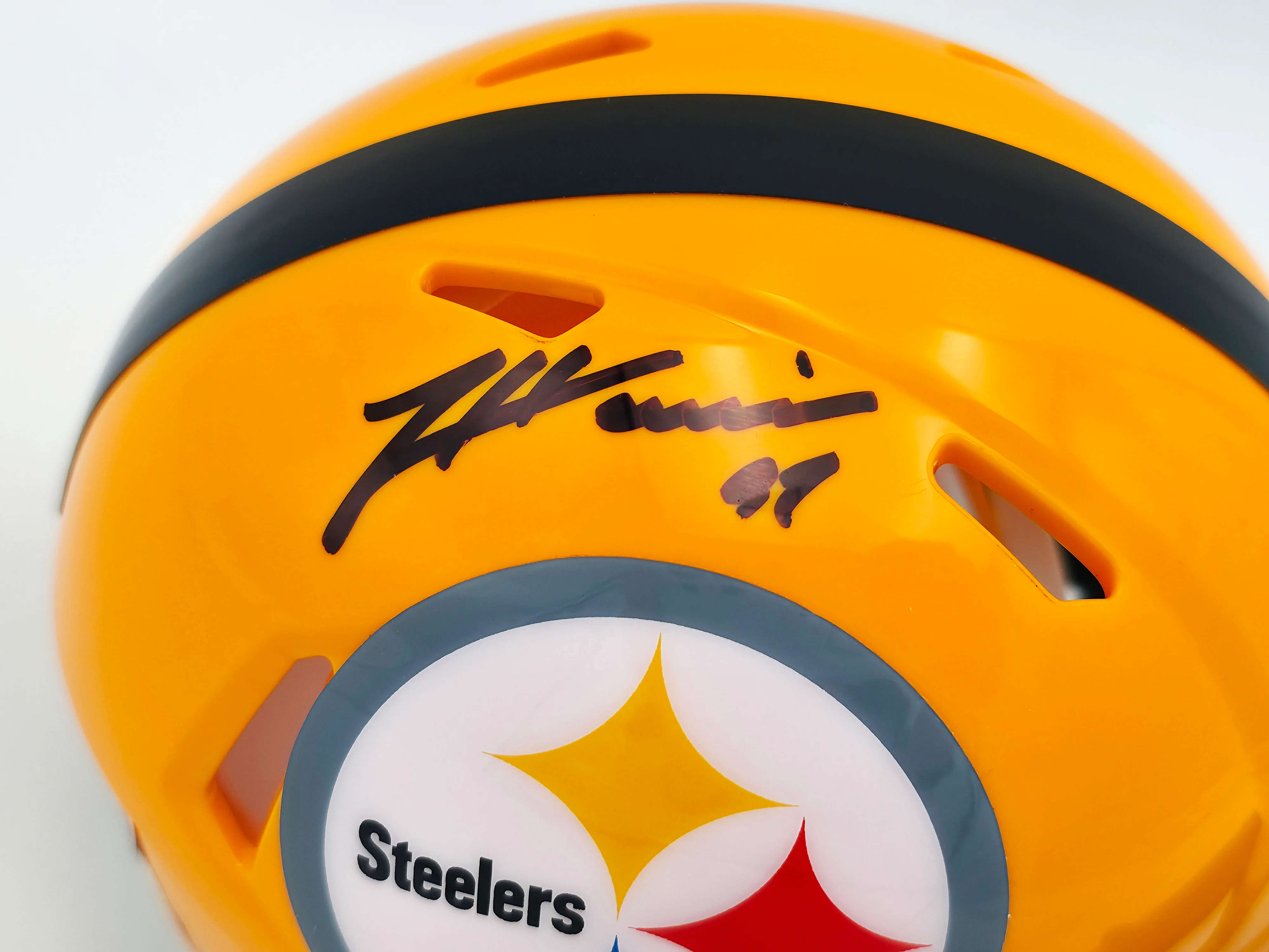 James Harrison Autographed Pittsburgh Steelers Throwback Gold Speed Mini Helmet Beckett BAS Witness Stock #241384 - Image 2