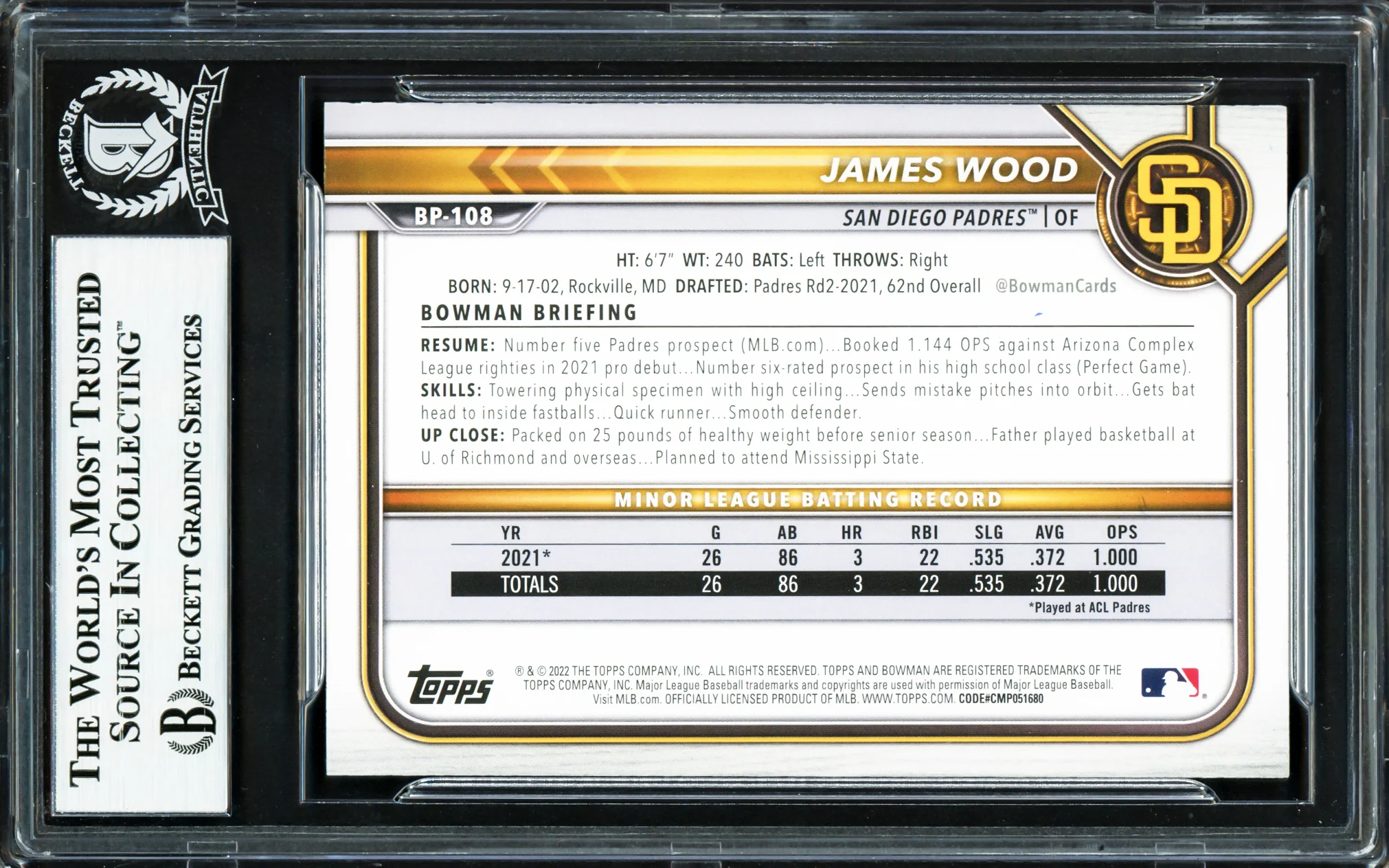 James Wood Autographed 2022 1st Bowman Prospects Rookie Card #BP108 Washington Nationals Beckett BAS Stock #234023 - Image 2