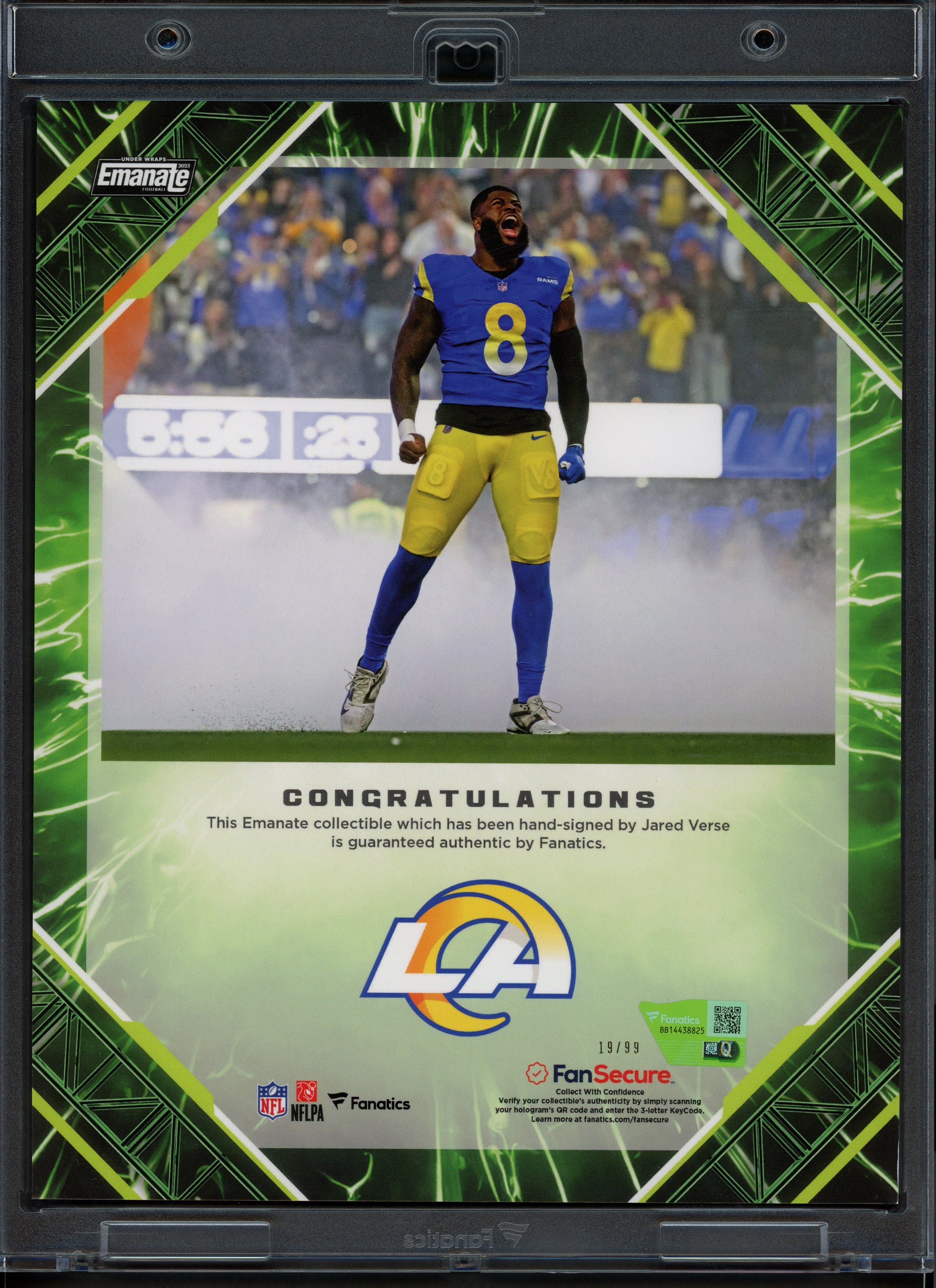 Jared Verse Autographed 2025 Under Wraps NFL Emanate Green Card Los Angeles Rams #19/99 Fanatics Holo #BB14438825 - Image 2