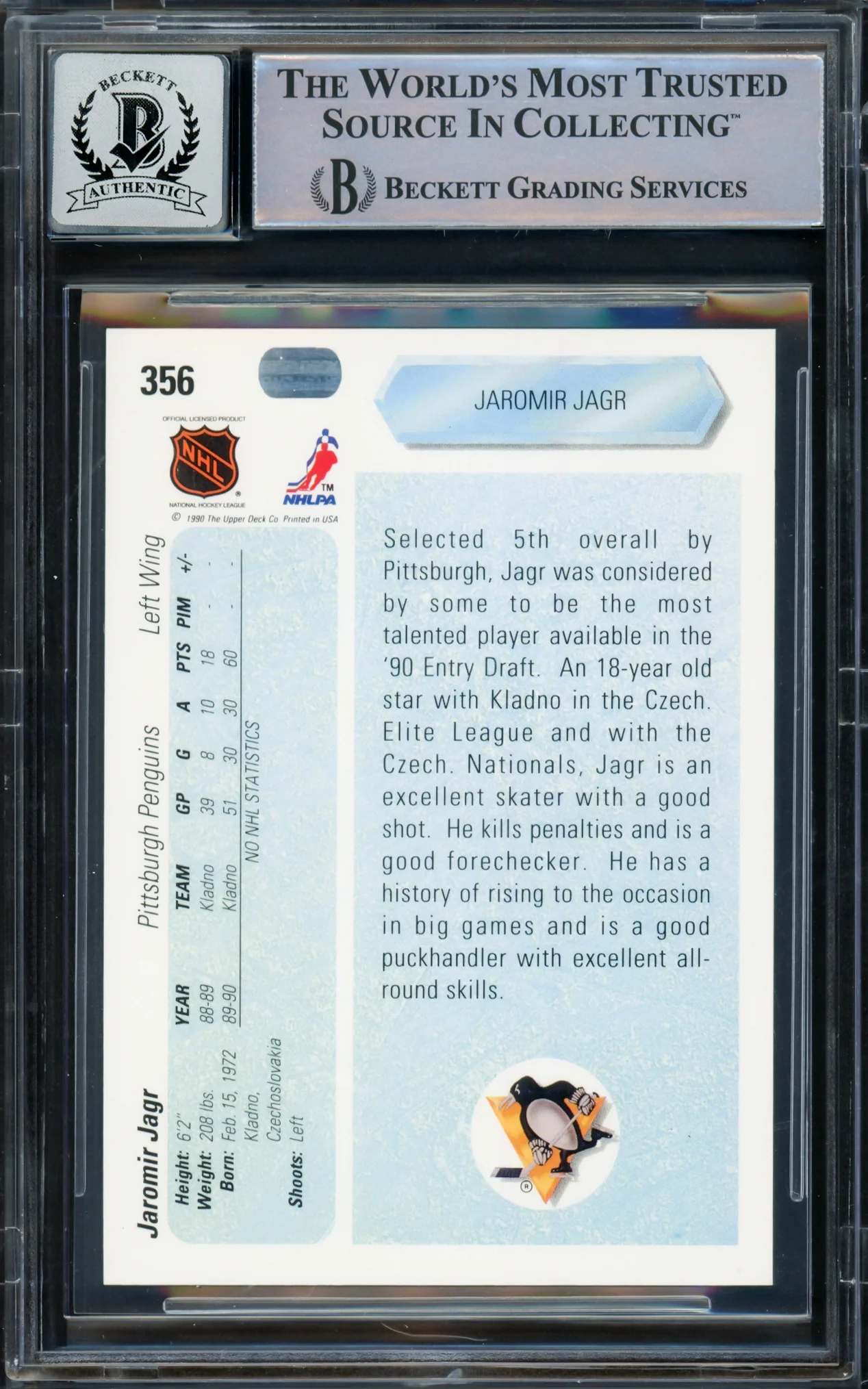 Jaromir Jagr Autographed 1990-91 Upper Deck Rookie Card #356 Pittsburgh Penguins Auto Grade Gem Mint 10 Beckett BAS Stock #220731 - Image 2