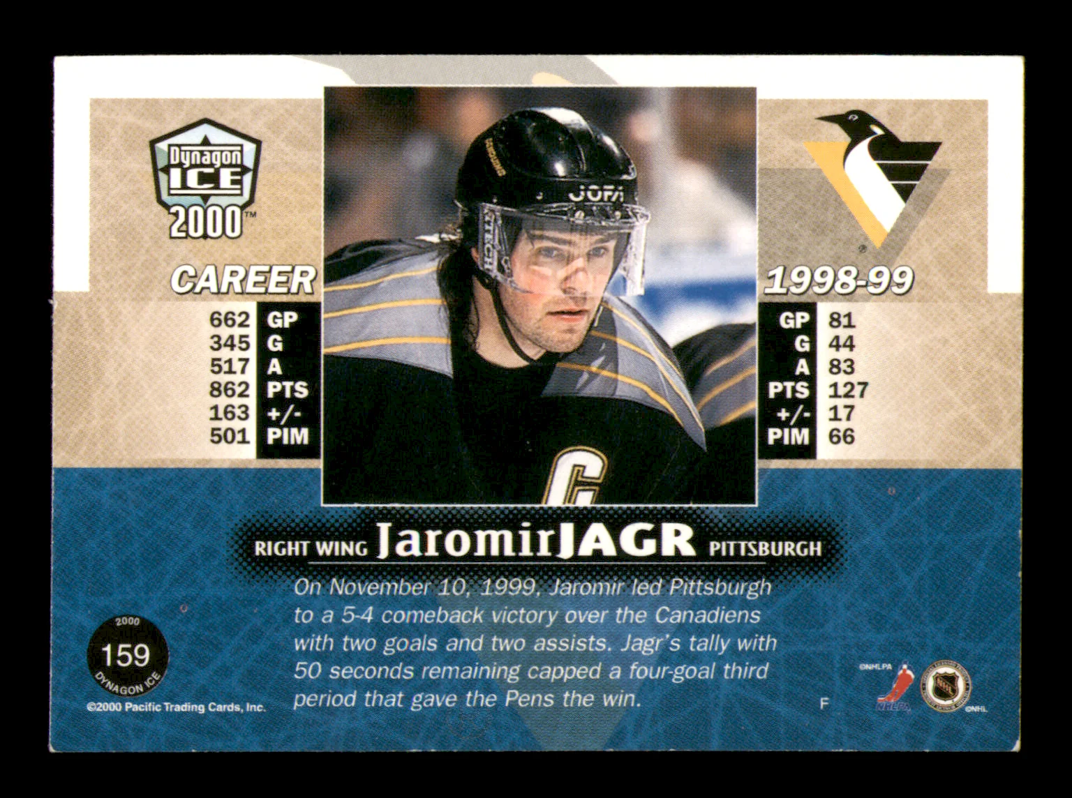 Jaromir Jagr Autographed 1999-00 Pacific Dynagon Ice Card #159 Pittsburgh Penguins SKU #248126 - Image 2