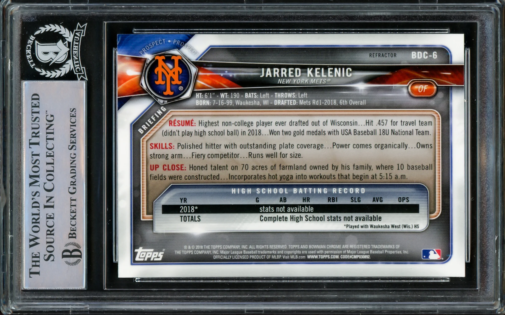 Jarred Kelenic Autographed 2018 Bowman Chrome Draft Refractor Rookie Card #BDC6 Seattle Mariners Beckett BAS #14612715 - Image 2