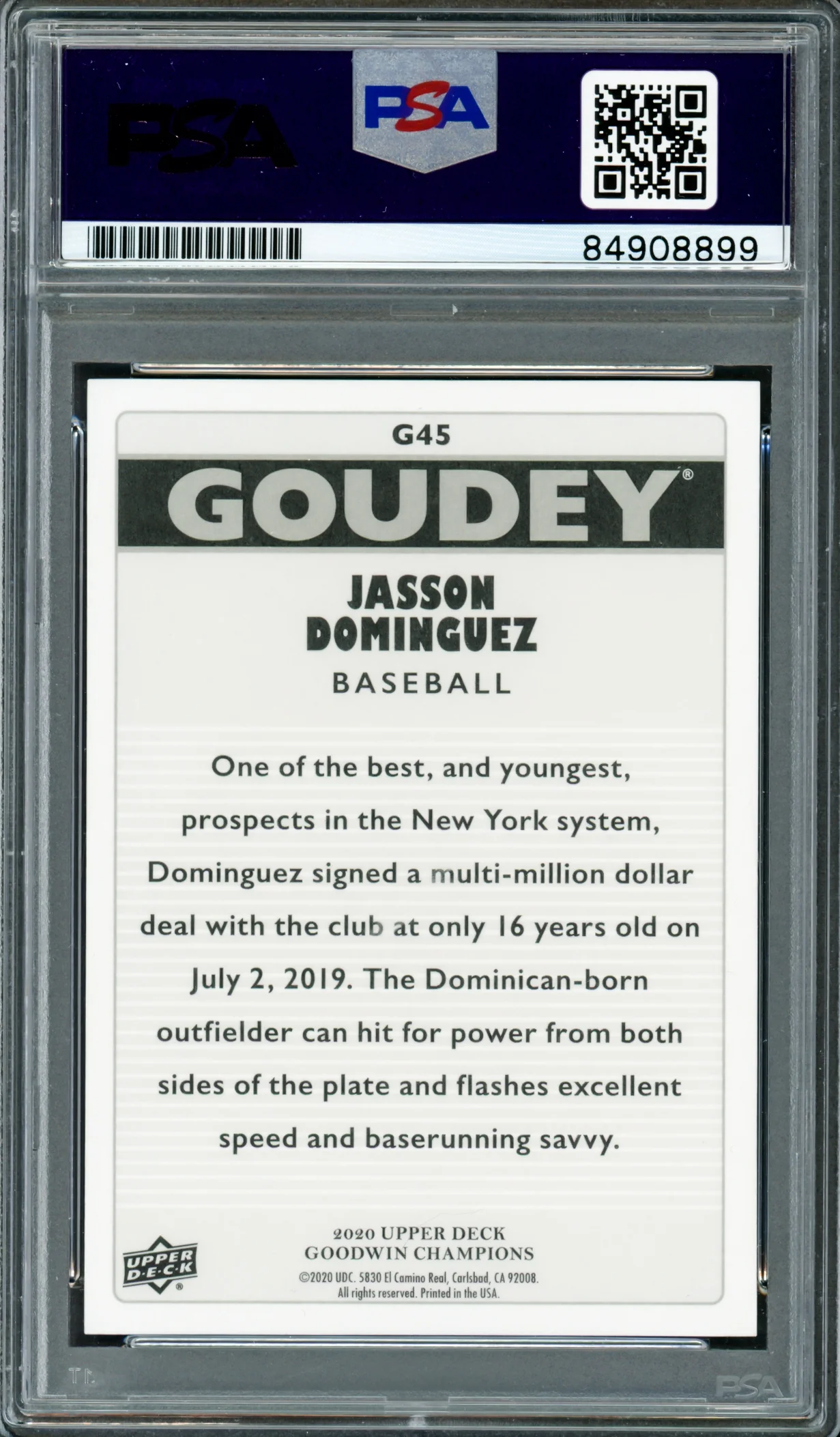 Jasson Dominguez Autographed 2020 Upper Deck Goodwin Champions Goudey Rookie Card #G45 New York Yankees PSA/DNA #84908899 - Image 2