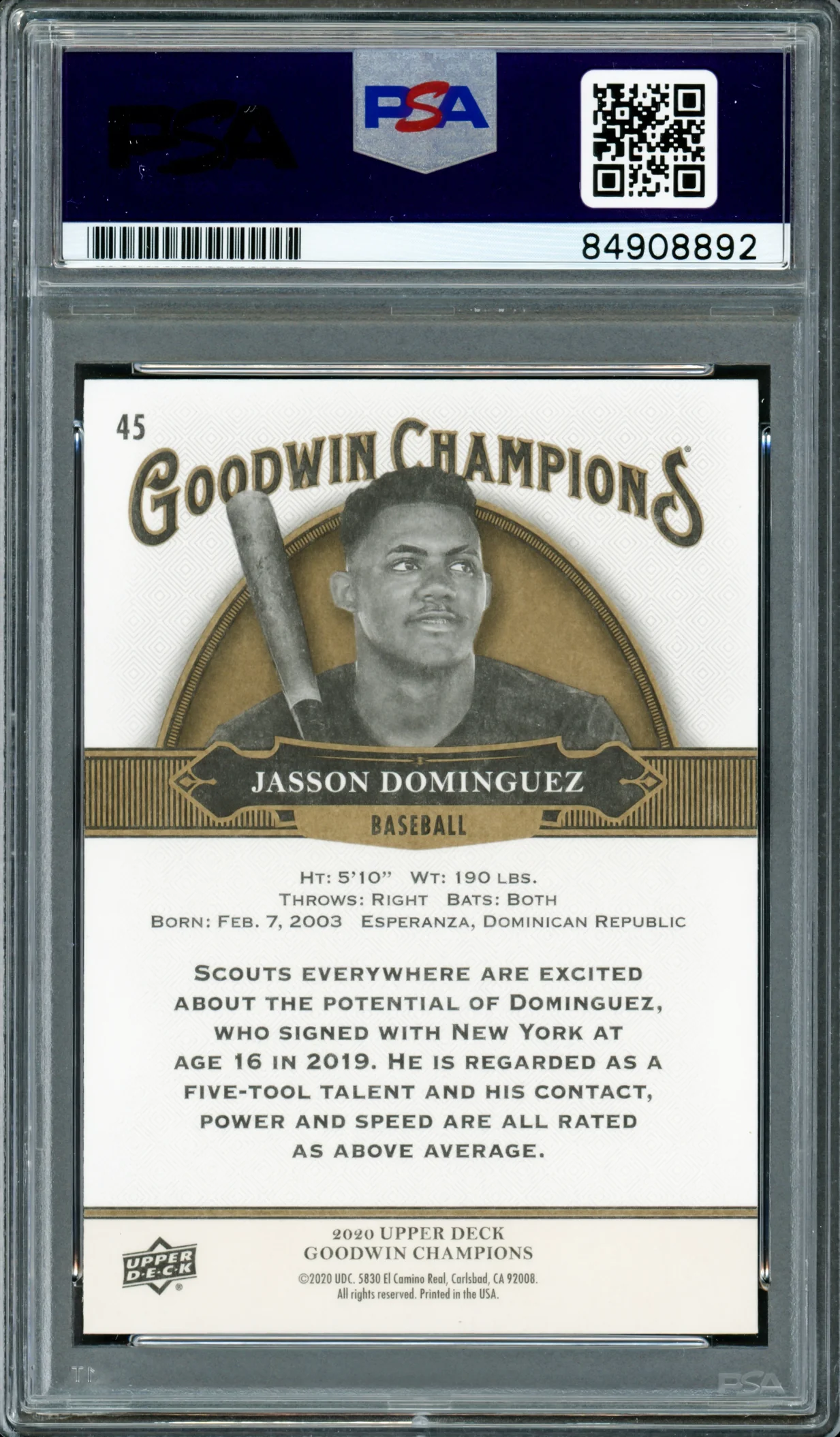 Jasson Dominguez Autographed 2020 Upper Deck Goodwin Champions Rookie Card #45 New York Yankees PSA/DNA #84908892 - Image 2