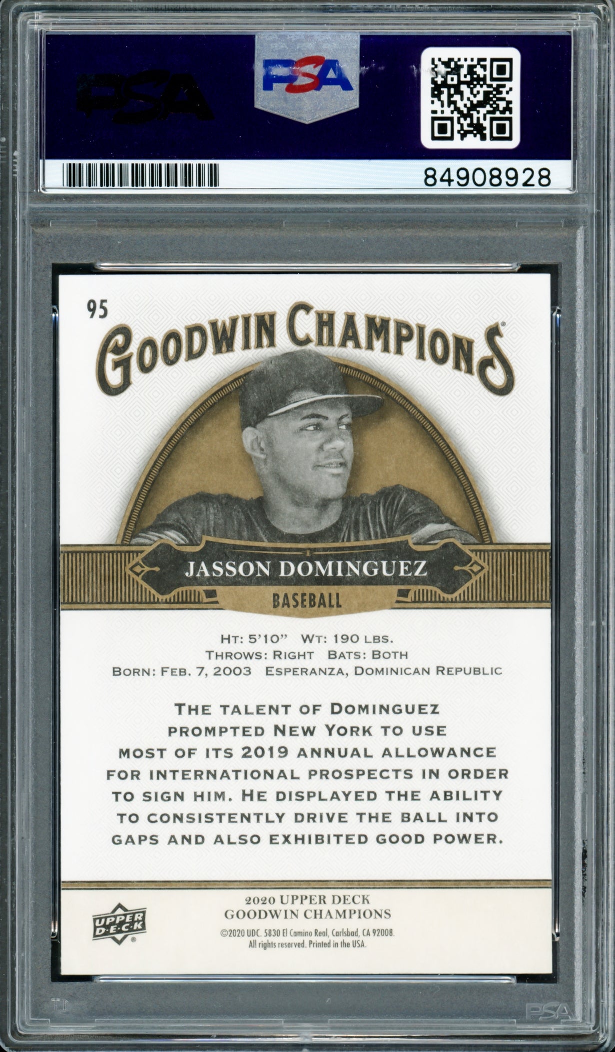 Jasson Dominguez Autographed 2020 Upper Deck Goodwin Champions Rookie Card #95 New York Yankees Auto Grade Gem Mint 10 PSA/DNA Stock #215454 - Image 2
