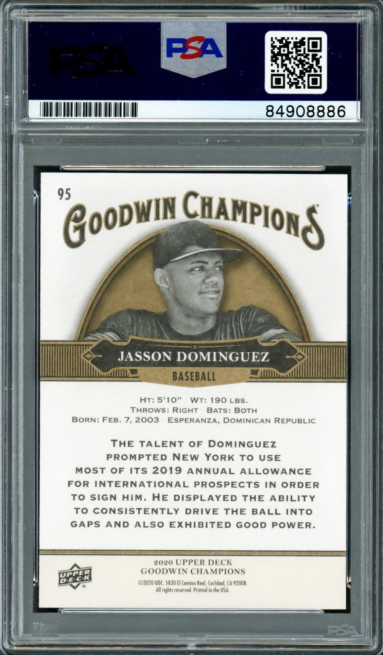 Jasson Dominguez Autographed 2020 Upper Deck Goodwin Champions Rookie Card #95 New York Yankees PSA/DNA #84908886 - Image 2