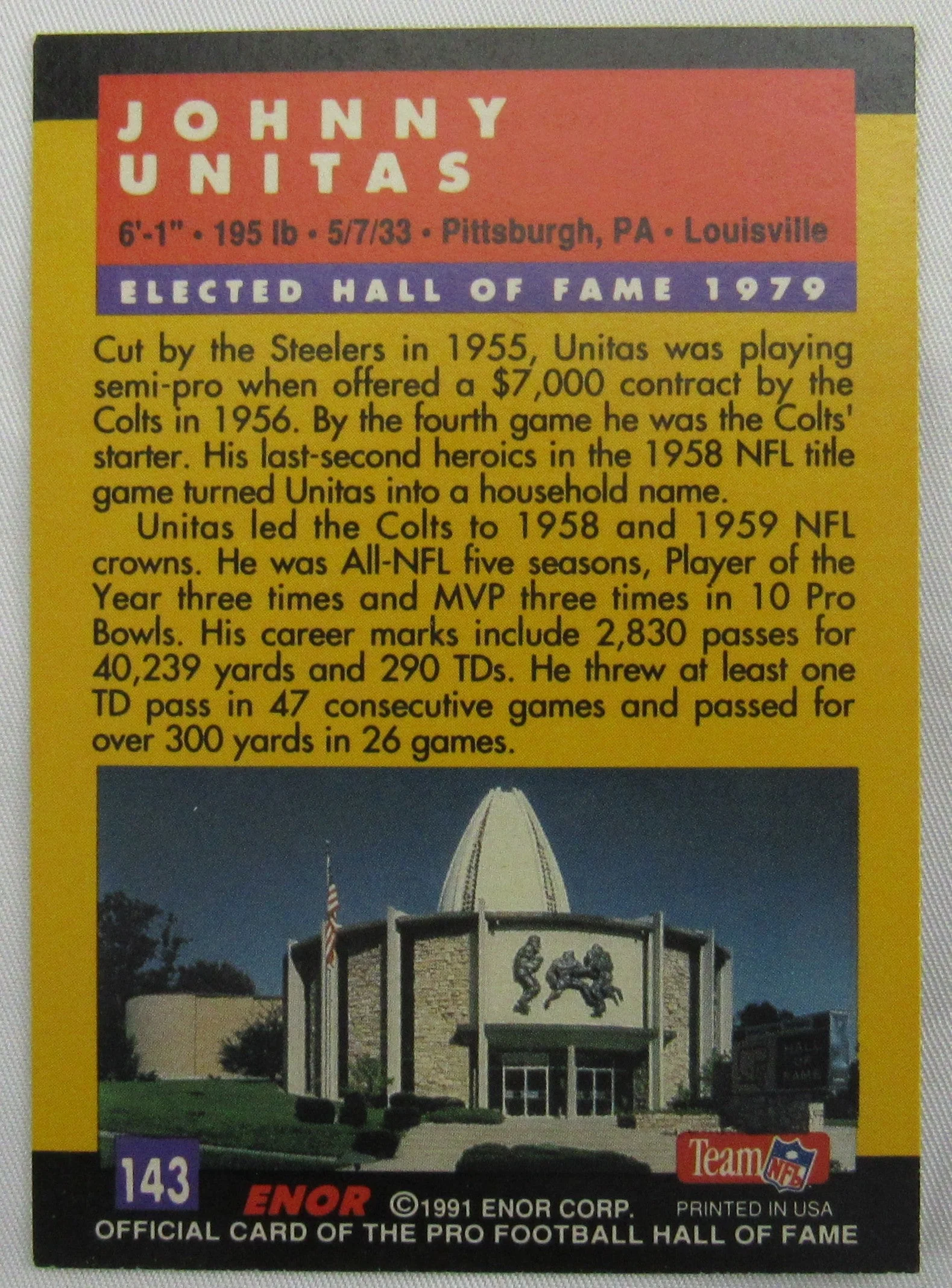 Johnny Unitas Signed Football Card - Image 3