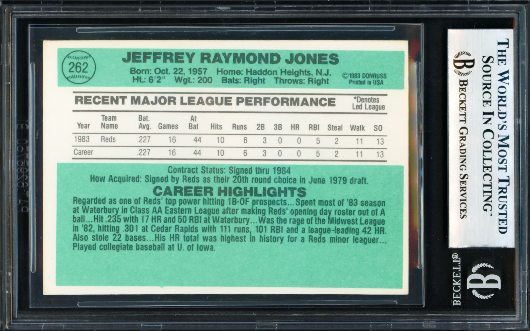 Jeff Jones Autographed 1984 Donruss Card #262 Cincinnati Reds Beckett BAS #18280450 - Image 2