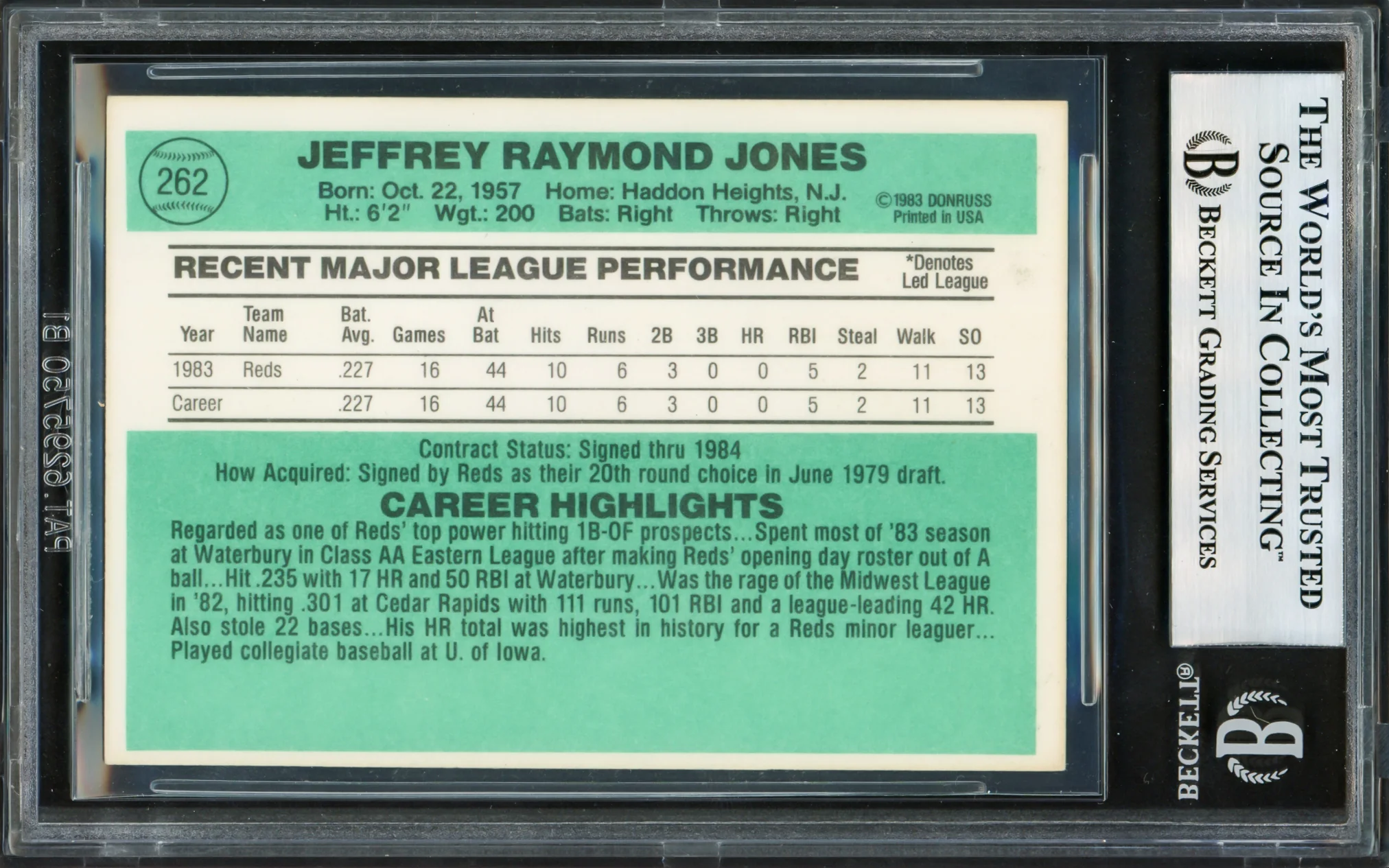 Jeff Jones Autographed 1984 Donruss Rookie Card #262 Cincinnati Reds Beckett BAS #17605965 - Image 2